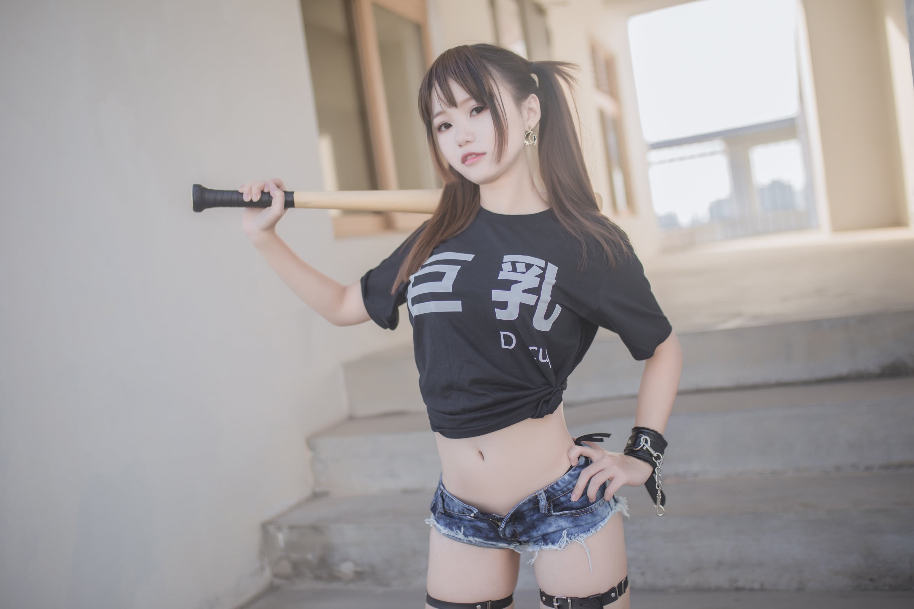 T-shirt, portrait, women, petite, 2K, looking at viewer, pigtails, women outdoors, stairs, Yoko Cos, model, belly, black t-shirt, outdoors, baseball bats, HD Wallpaper