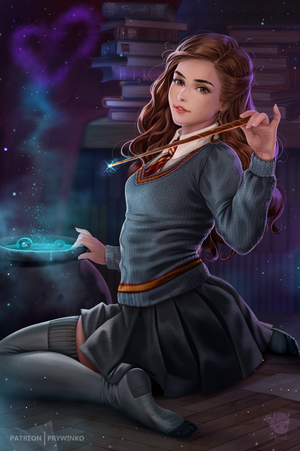 wavy hair, wands, 720P, thigh high socks, magician, Hermione Granger, schoolgirl, long hair, women, brunette, skirt, Harry Potter, Prywinko, sweater, books, Phone HD Wallpaper