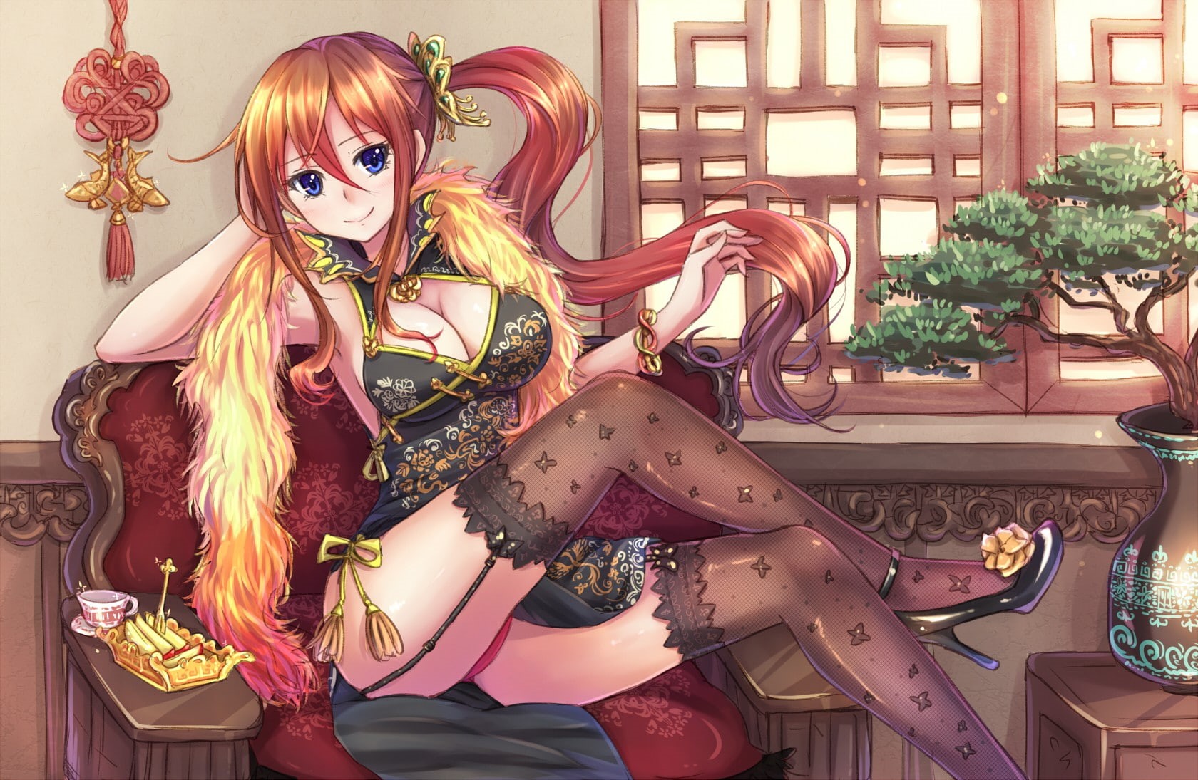 stockings, blue eyes, anime, Chinese dress, Cheongsam, heels, long hair, thigh-highs, open shirt, anime girls, cleavage, redhead, 720P, HD Wallpaper