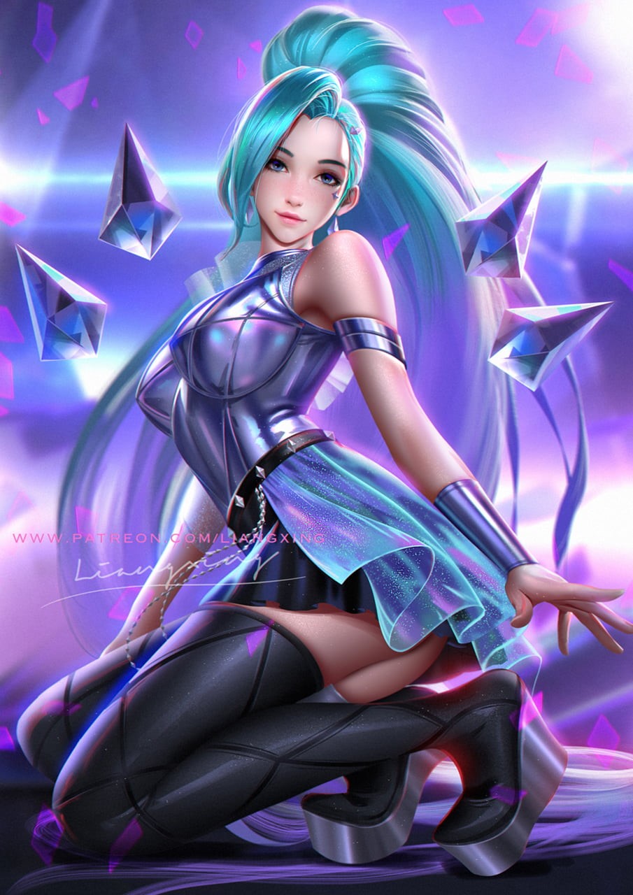 thigh-highs, Seraphine (League of Legends), dress, long hair, ponytail, platform high heels, blue eyes, crystal, drawing, League of Legends, blue hair, Phone HD Wallpaper