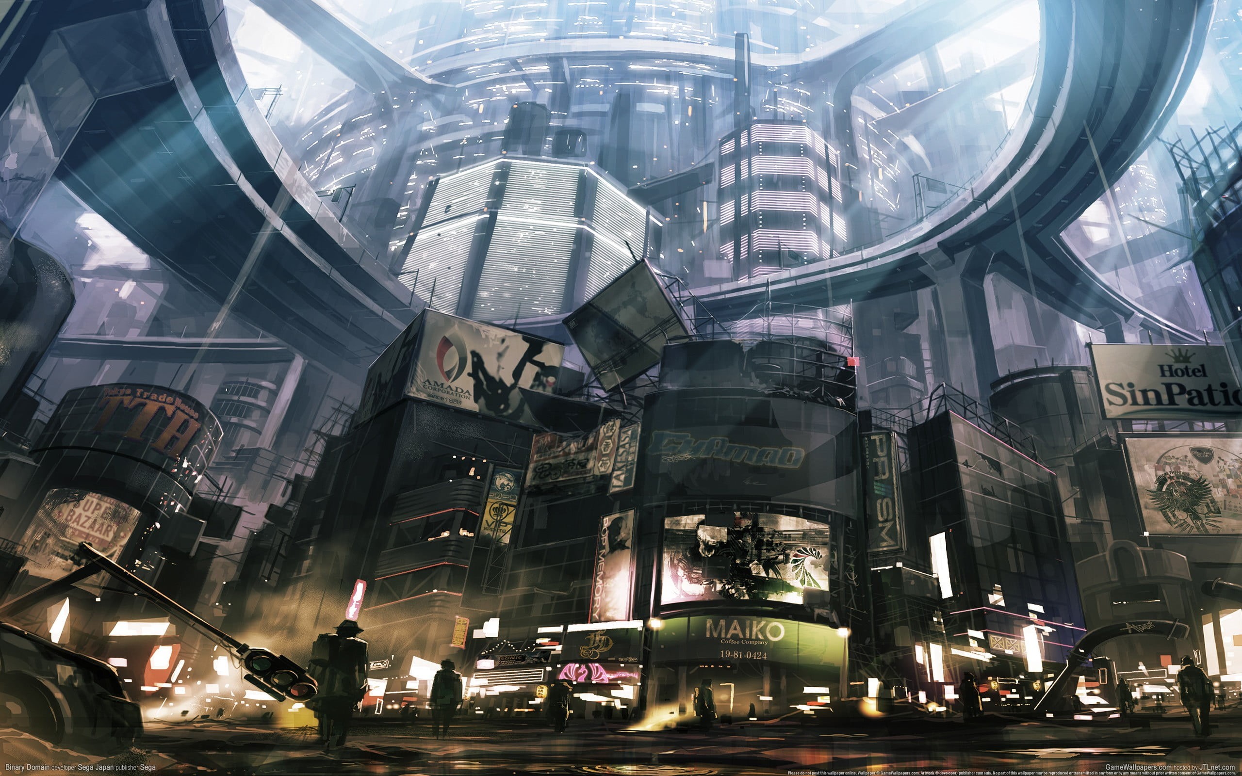 poster, downtown District, transportation, reflection, futuristic city, glass - material, incidental people, outdoors, office Building, road, store, dusk, HD Wallpaper