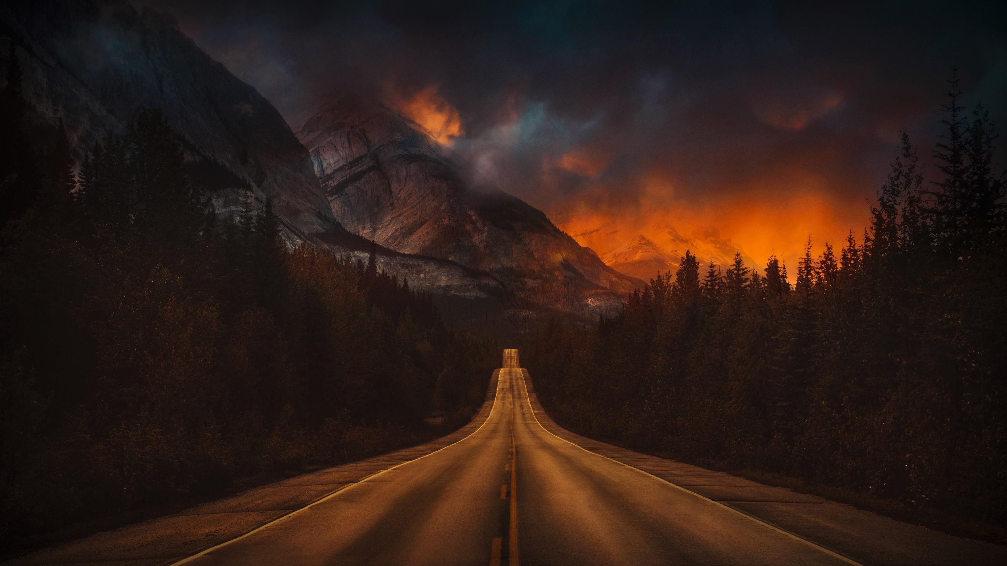 mountains, forest, road, 4K, fire, smoke, HD Wallpaper