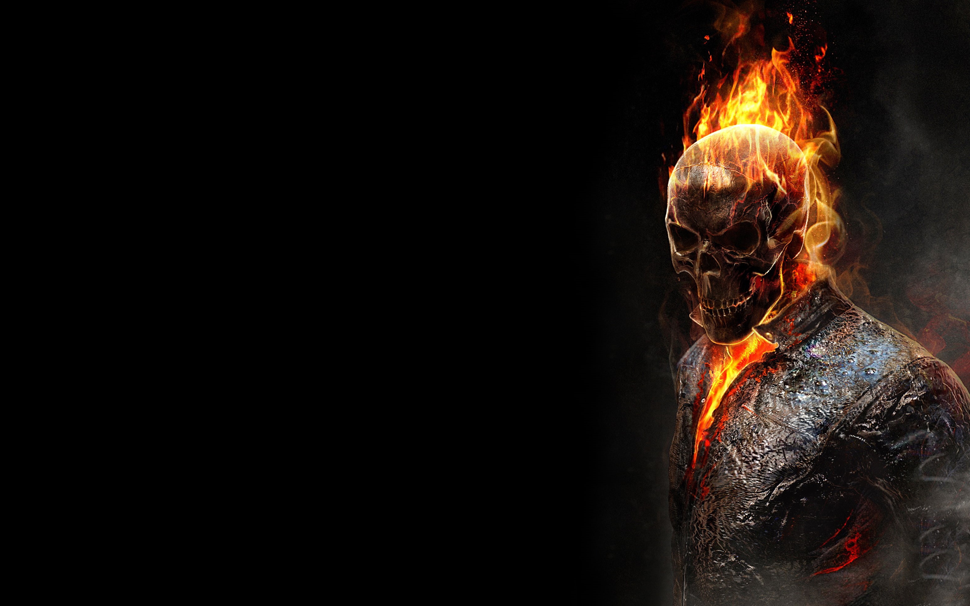 skull, skeleton, Ghost rider, flame, the dark background, 2K, fire, HD Wallpaper