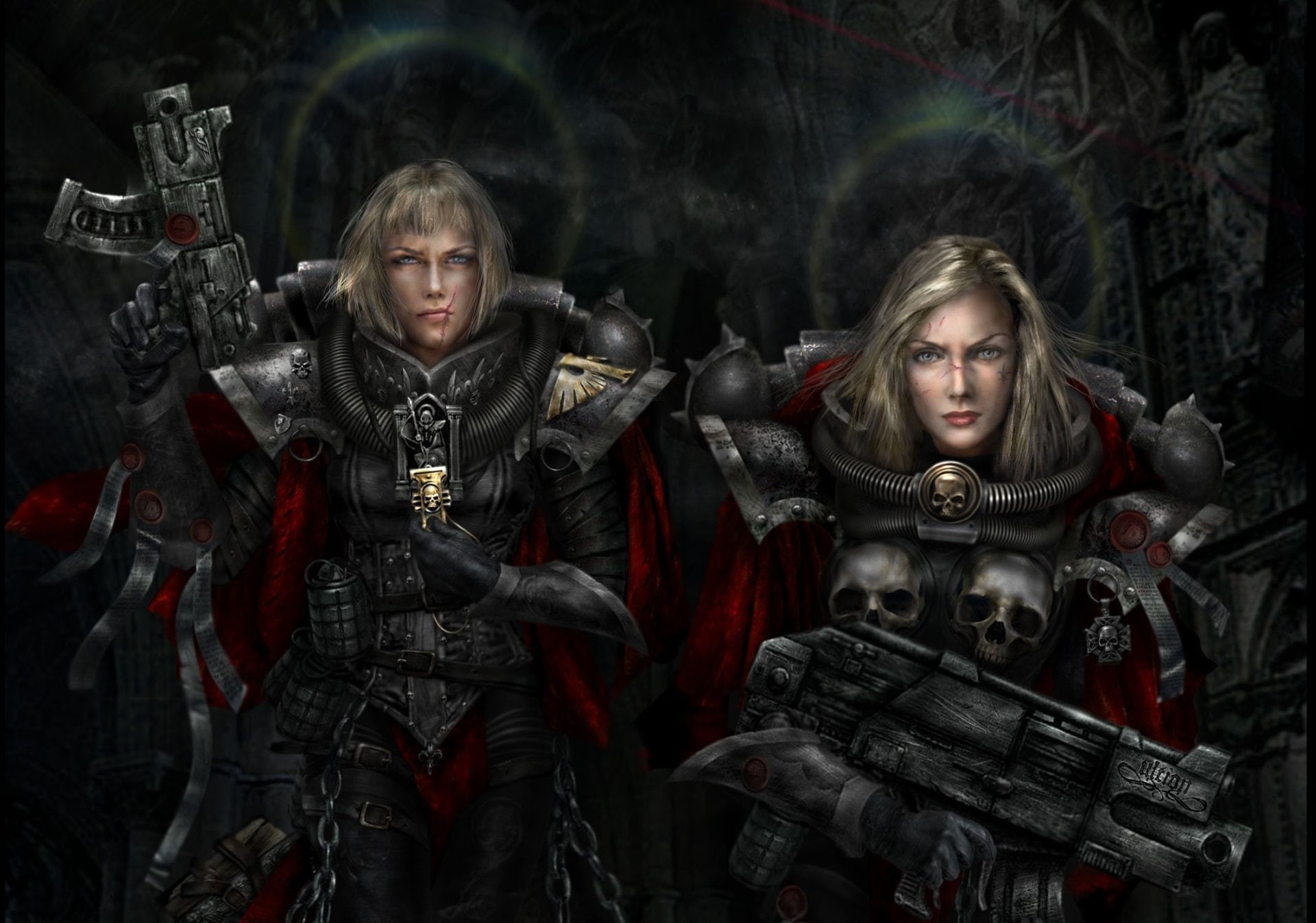 people, females, fear, looking at camera, gun, 1080P, standing, weapon, waist up, portrait, two people, men, Adepta Sororitas, spooky, Sisters of battle, HD Wallpaper