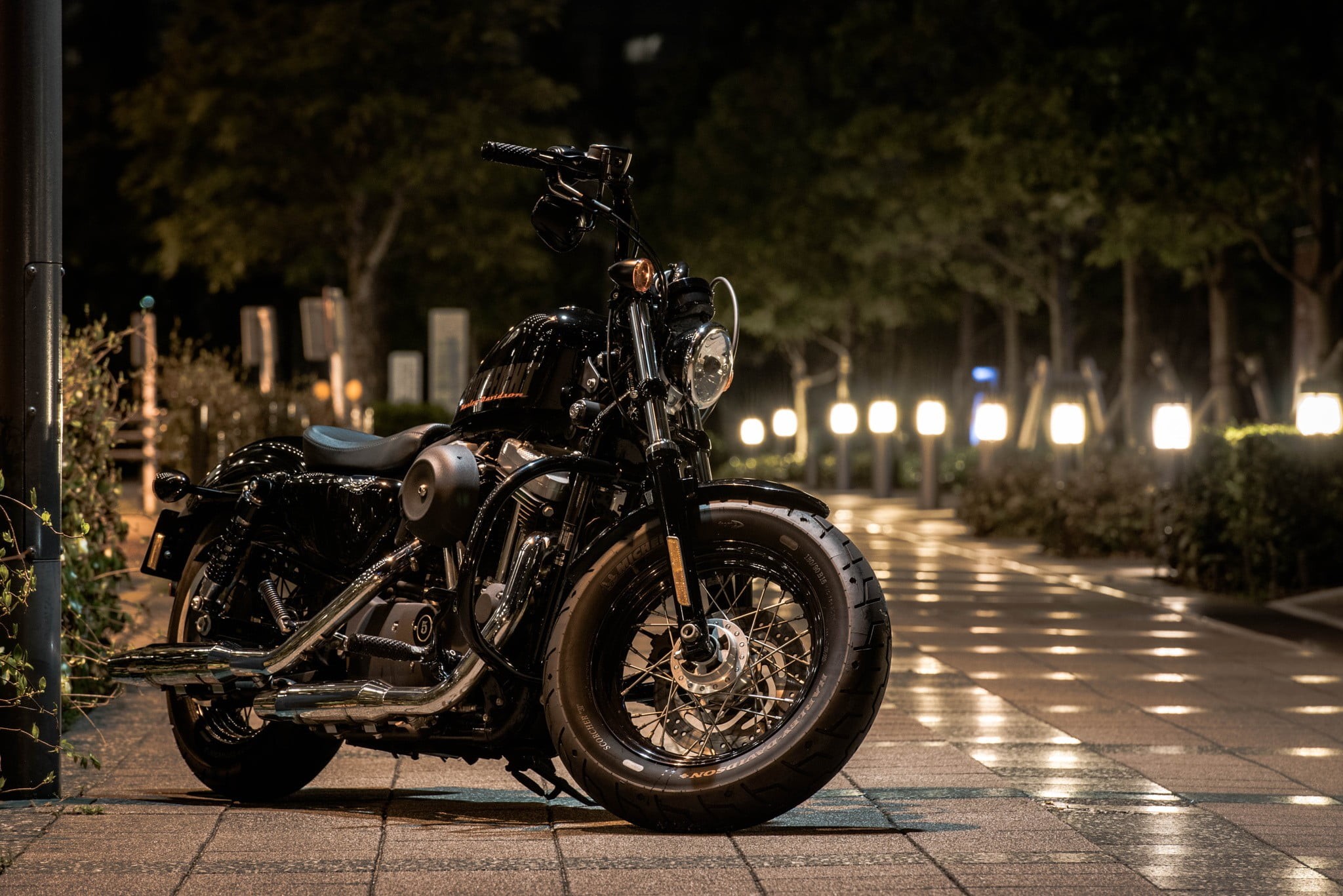 night, paving stone, Heavy bike, street, headlight, scooter, 1080P, land vehicle, motorcycle, wheel, trees, black, tree, standard, parking, city, transportation, HD Wallpaper