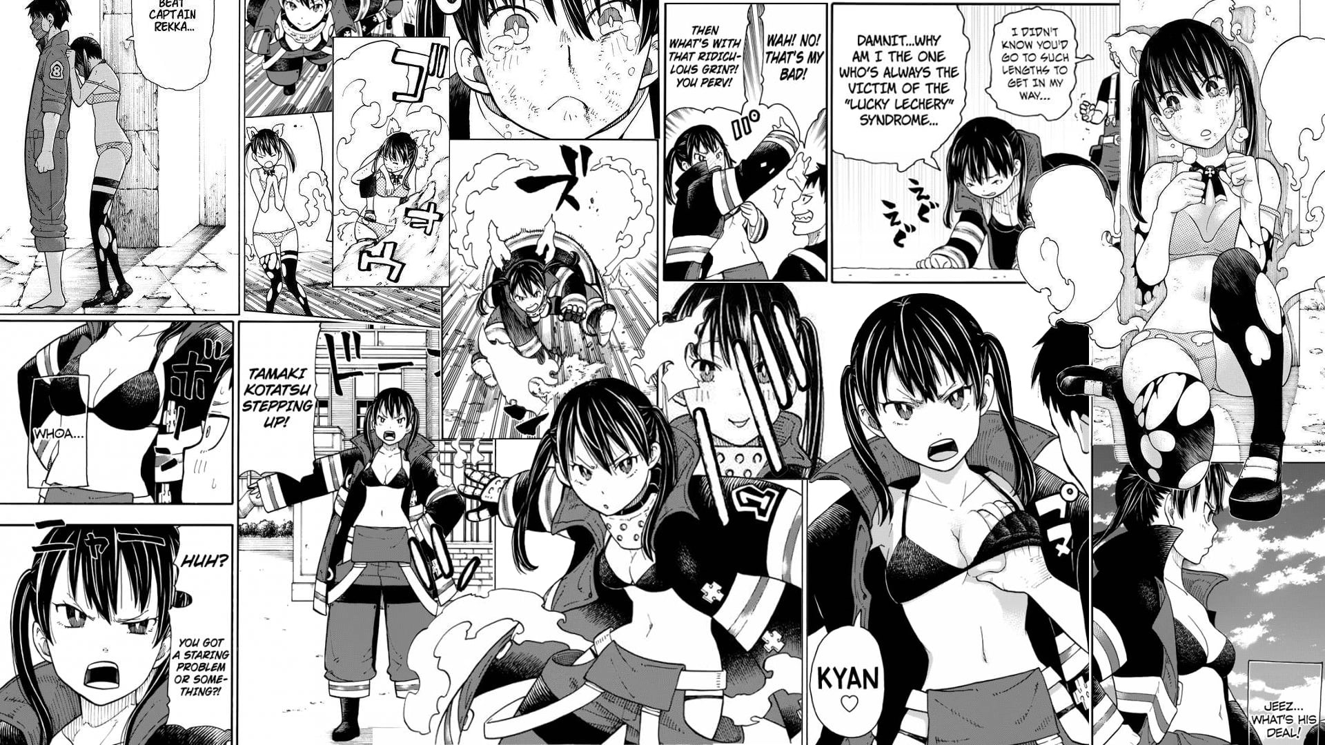 Tamaki Kotatsu, monochrome, collage, Enen no Shouboutai, 1080P, manga, Tamaki, anime, HD Wallpaper