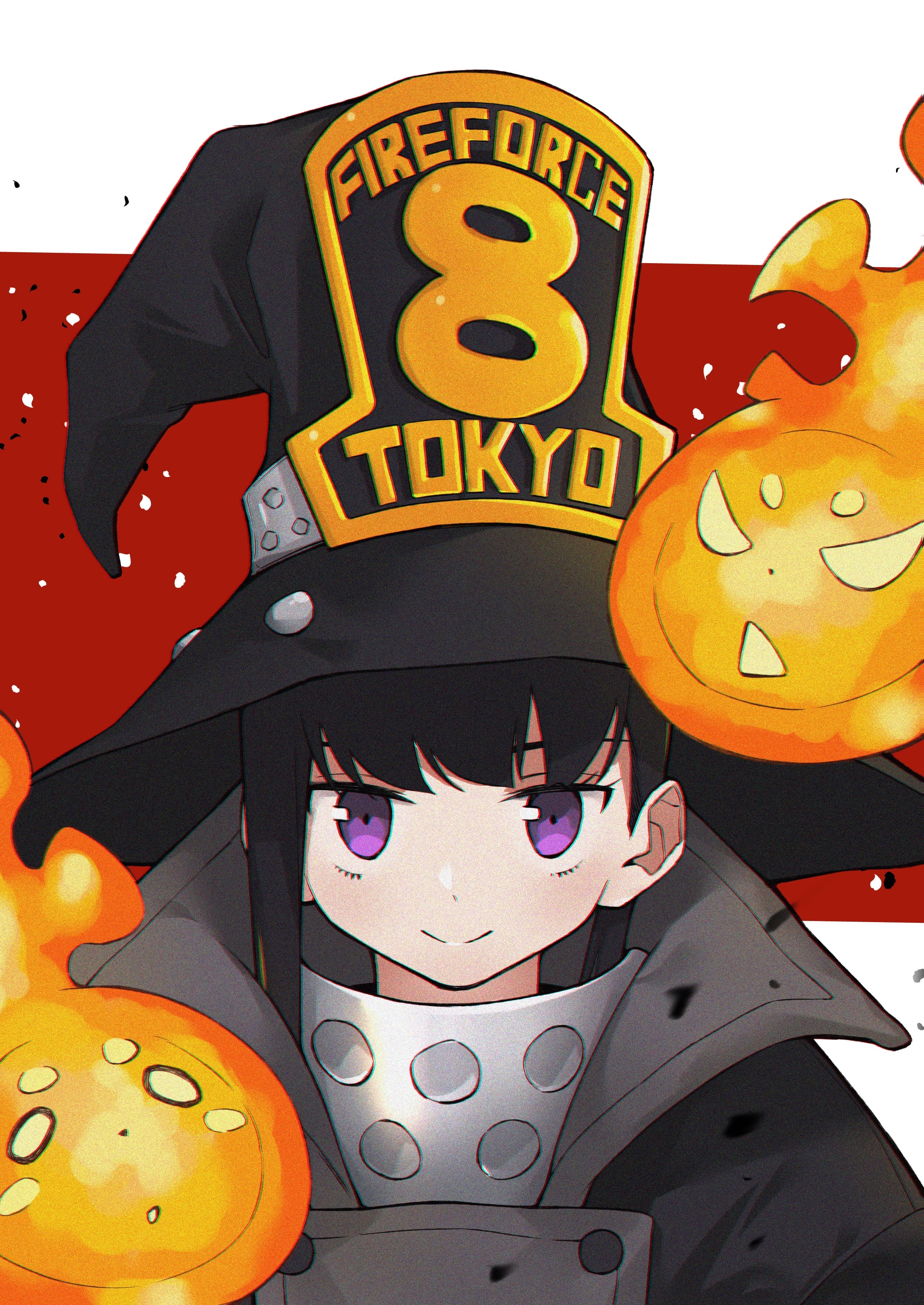 witch hat, armor, Military Uniform, Maki Oze, black hair, anime girls, 2D, vertical, fan art, 2K, Enen no Shouboutai, violet eyes, Phone HD Wallpaper