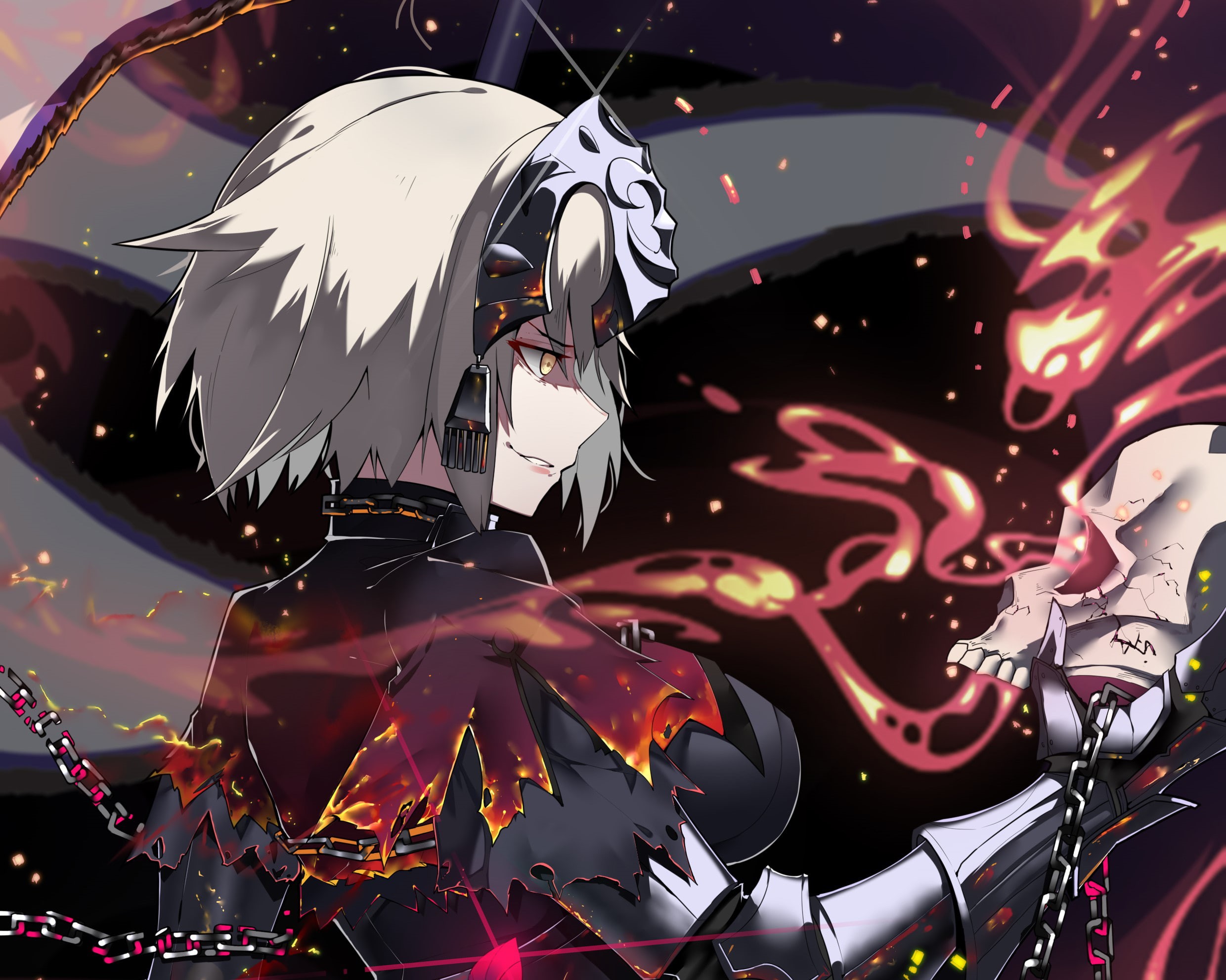 holiday - event, anime girls, abstract, human representation, short hair, skull, representation, illuminated, lens flare, blond hair, Fate/Grand Order, HD Wallpaper
