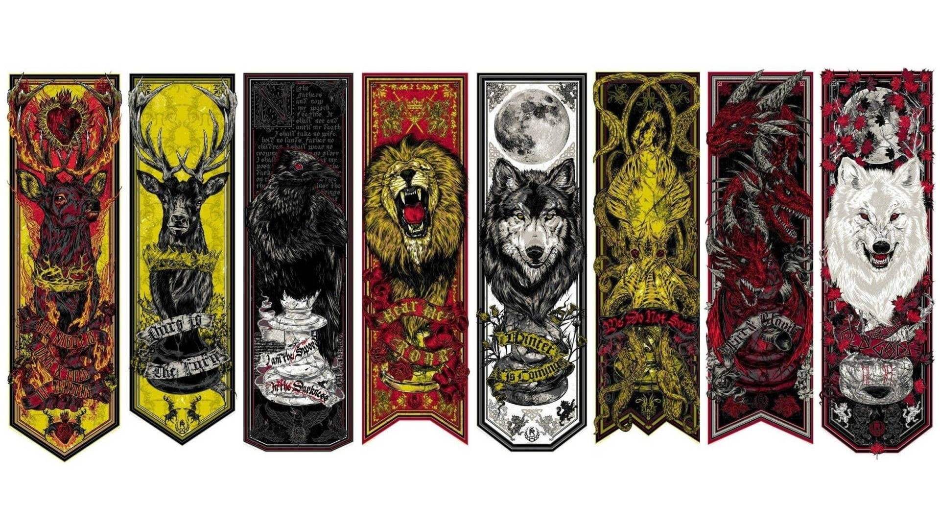 close-up, no people, side by side, tapestries, indoors, 1080P, A Song of Ice and Fire, in a row, arrangement, cut out, large group of objects, human representation, HD Wallpaper