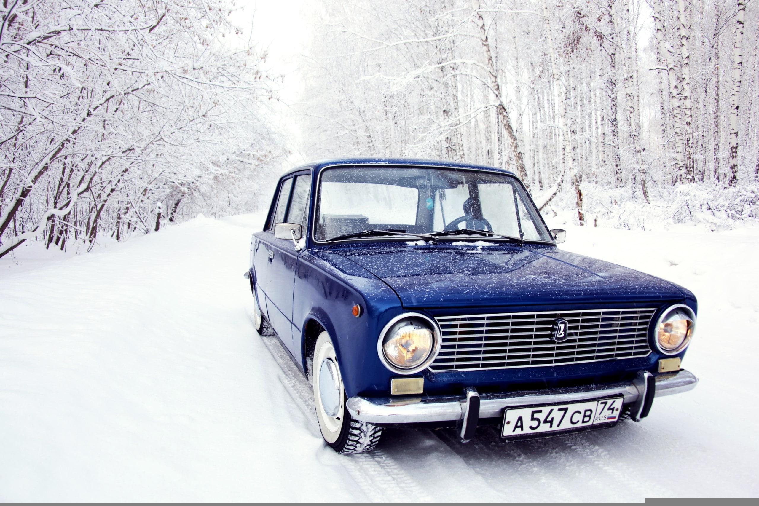 winter, vintage car, classic, land Vehicle, nature, antique, penny, 2101, Lada, blue, shiny, headlight, transportation, old, white color, forest, 2K, outdoors, HD Wallpaper