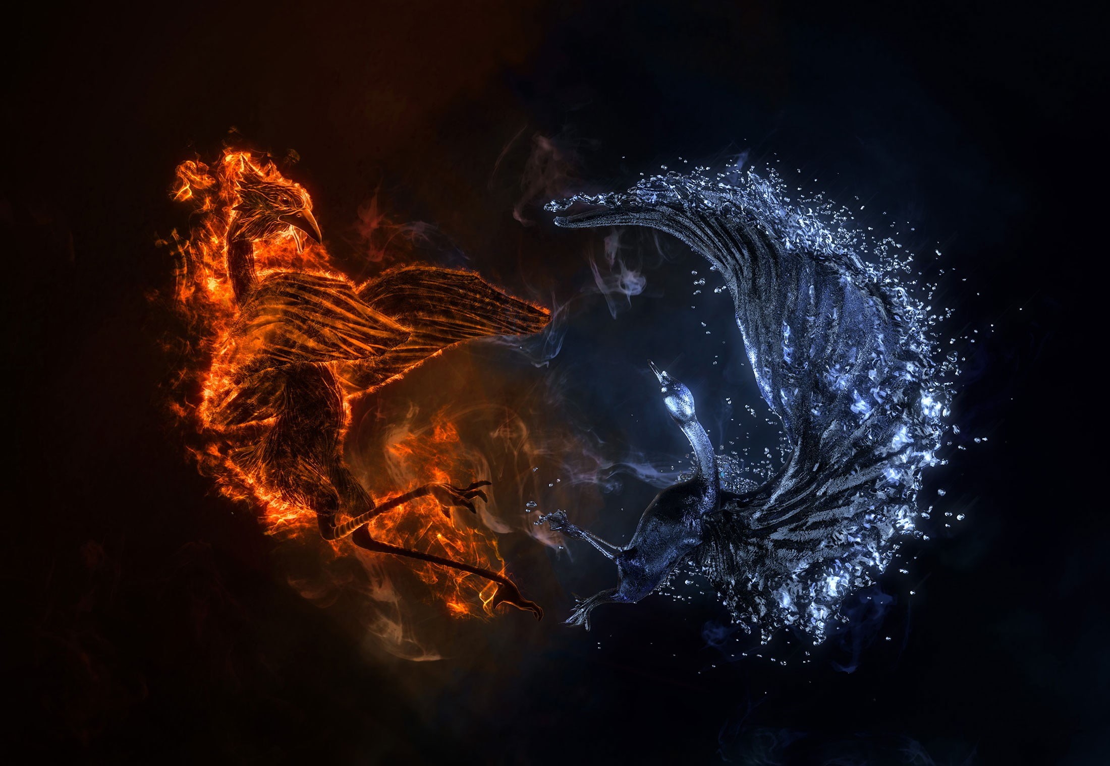 night, illuminated, volcano, fantasy art, burning, duck, smoke - physical structure, birds, 1080P, fire, orange color, phoenix, ice, no people, digital art, HD Wallpaper