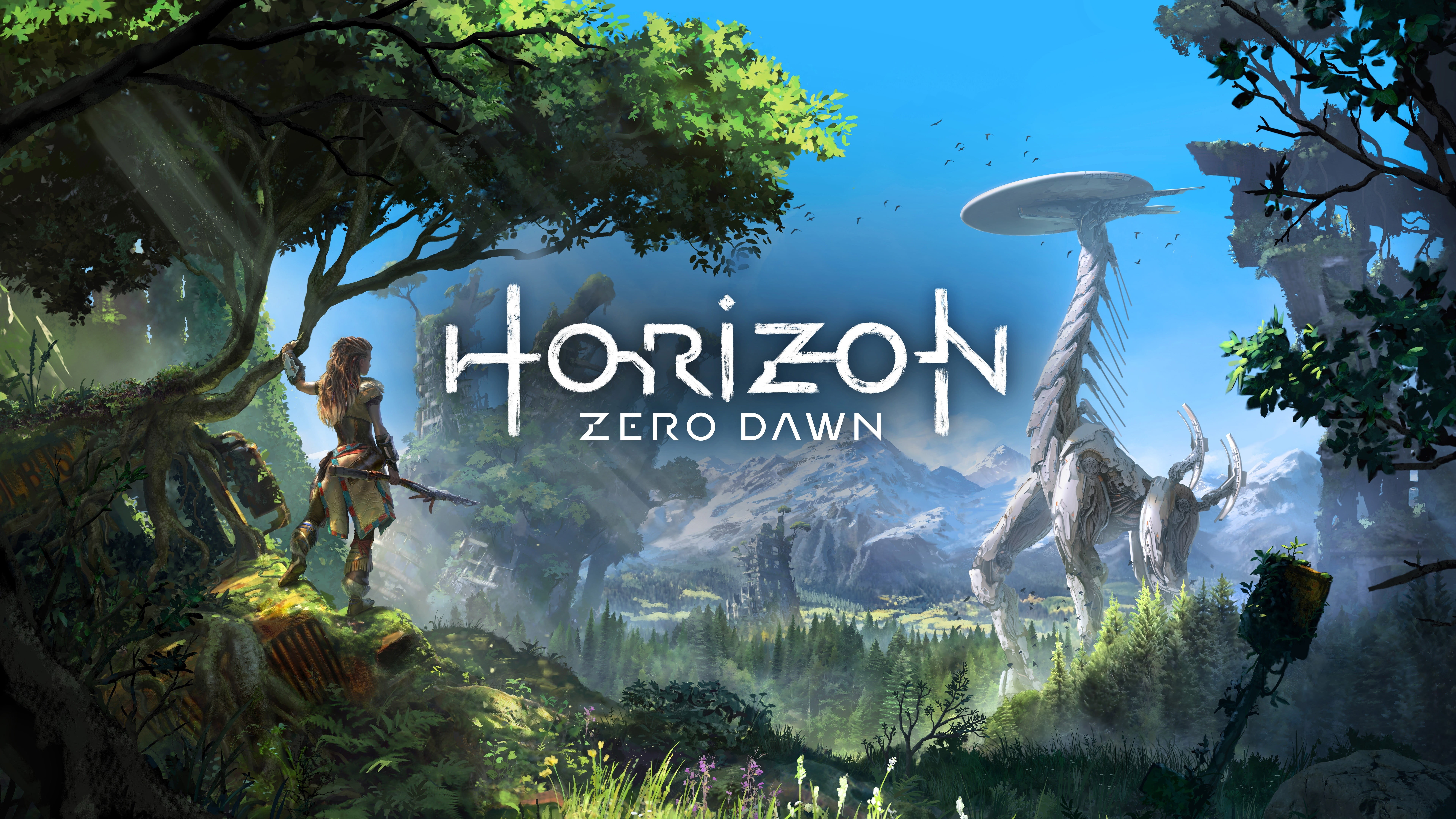 no people, information, 8K, text, Aloy (Horizon: Zero Dawn), communication, day, sign, mountain, science fiction, Horizon: Zero Dawn, tree, PlayStation 4, HD Wallpaper
