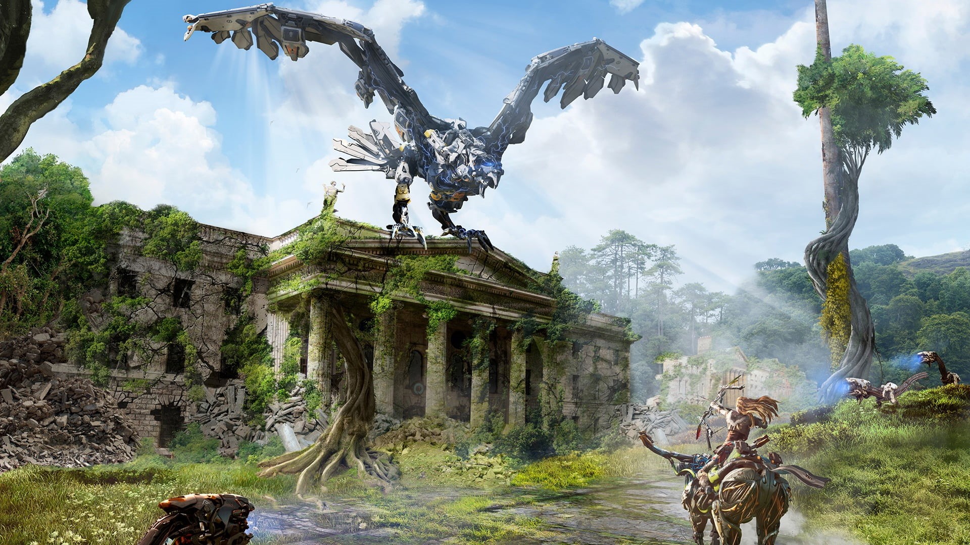 beauty in nature, Horizon: Zero Dawn, motion, travel, architecture, tree, 1080P, real people, outdoors, animal, scenics - nature, game, sky, history, built structure, HD Wallpaper