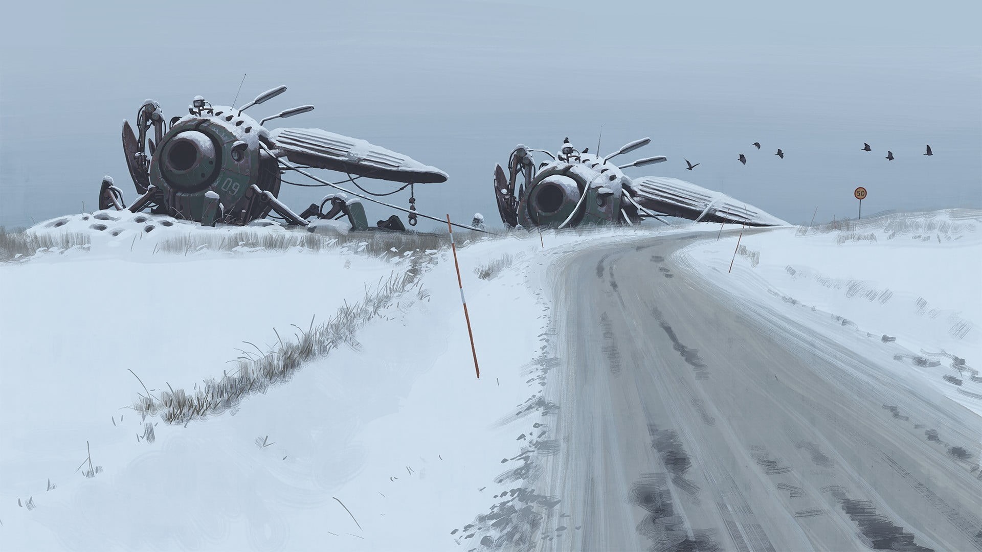 snowcapped mountain, nature, science fiction, Simon Stålenhag, winter, cold temperature, field, environment, snow, robot, covering, 1080P, outdoors, HD Wallpaper
