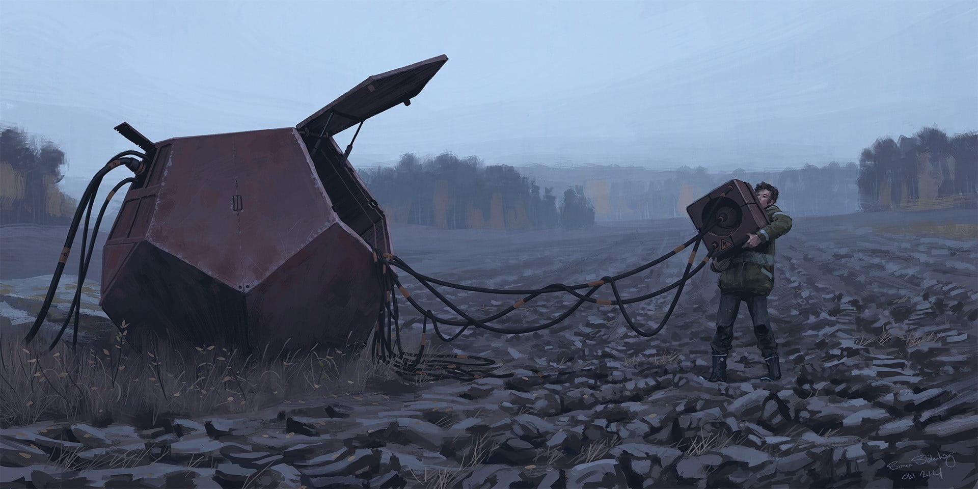 winter, nature, rear view, plant, standing, fog, Simon Stålenhag, digital, outdoors, field, day, snow, cold temperature, futuristic, land, carrying, HD Wallpaper