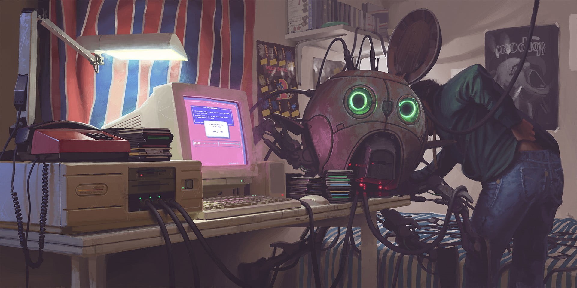 studio, Simon Stålenhag, cyberpunk, lighting equipment, day, music, table, monitor, electric lamp, white, no people, computer, absence, communication, connection, HD Wallpaper
