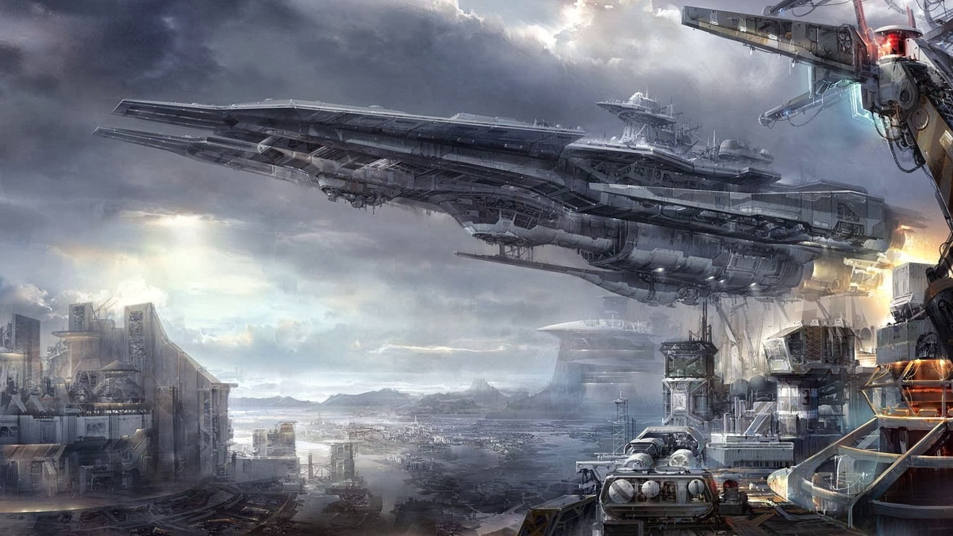 1080P, futuristic, air Vehicle, armed Forces, cityscape, cloud - sky, building exterior, weapon, day, military, industry, aggression, machinery, flying, HD Wallpaper