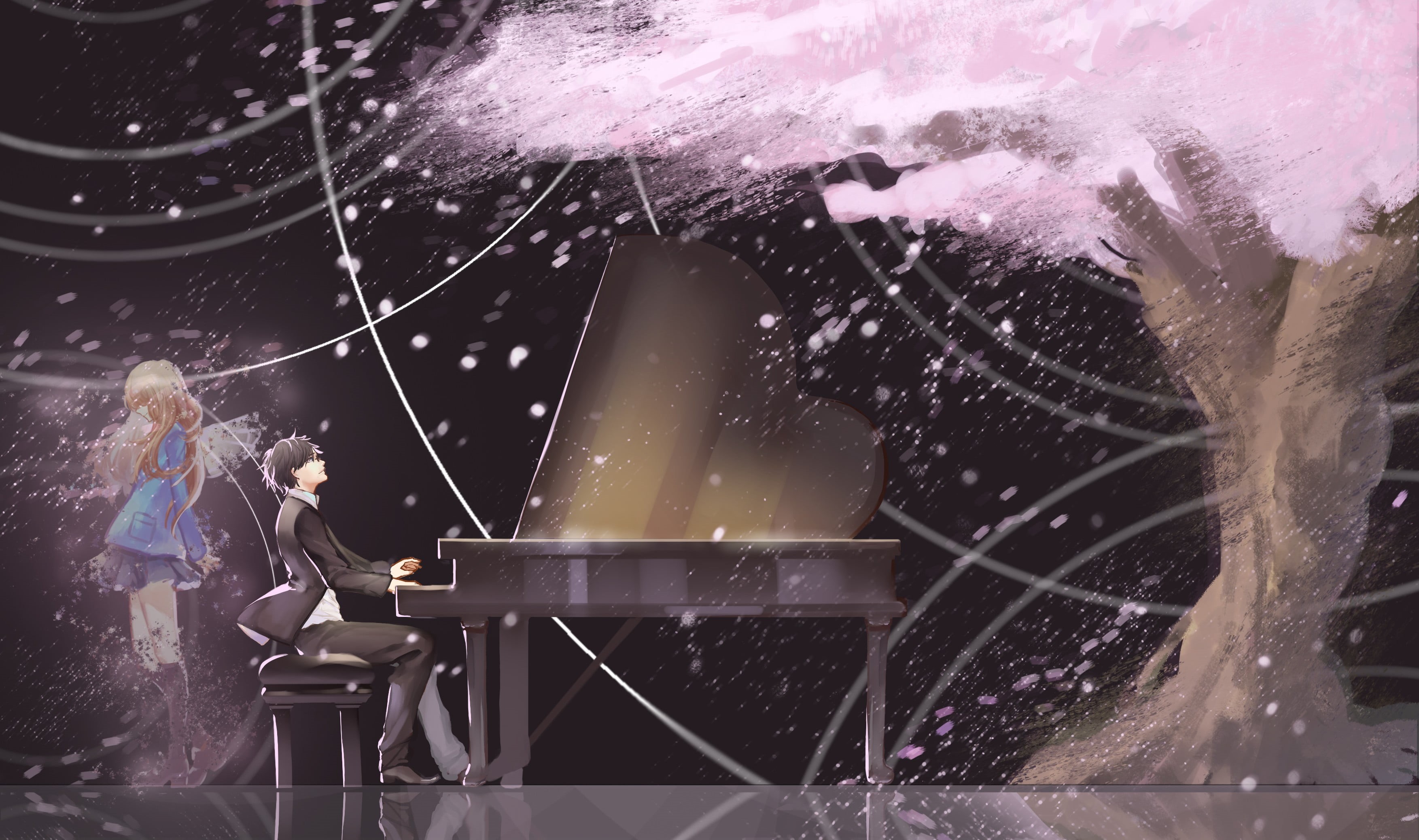 night, trees, cherry, water, piano, Arima Kousei, real people, playing, 2K, lifestyles, outdoors, anime girls, two people, male, occupation, Shigatsu wa Kimi no Uso, HD Wallpaper