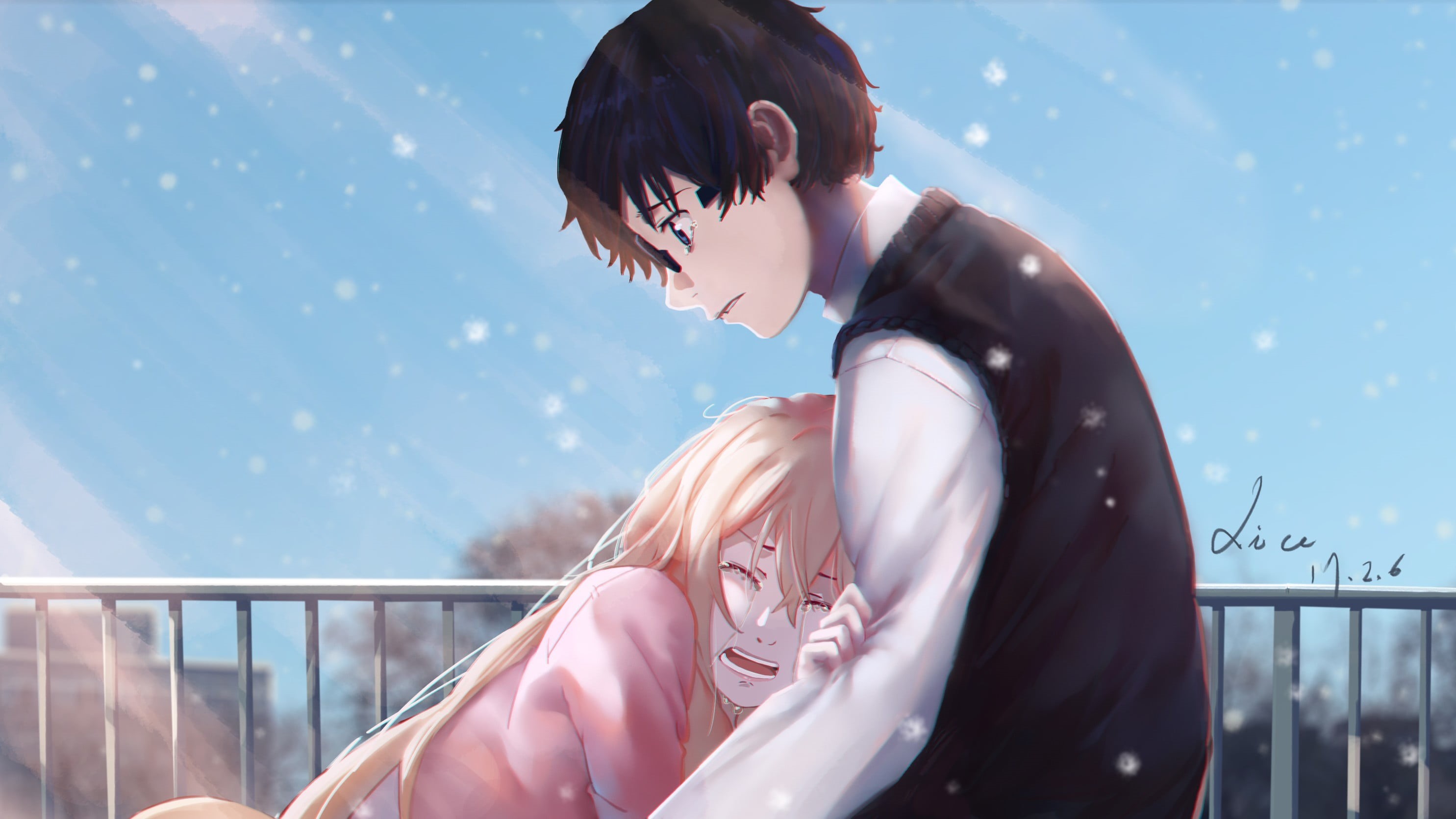 lie, adult, side view, 2K, sunlight, young adult, two people, leisure activity, crying, railing, standing, hairstyle, Shigatsu wa Kimi no Uso, lifestyles, HD Wallpaper