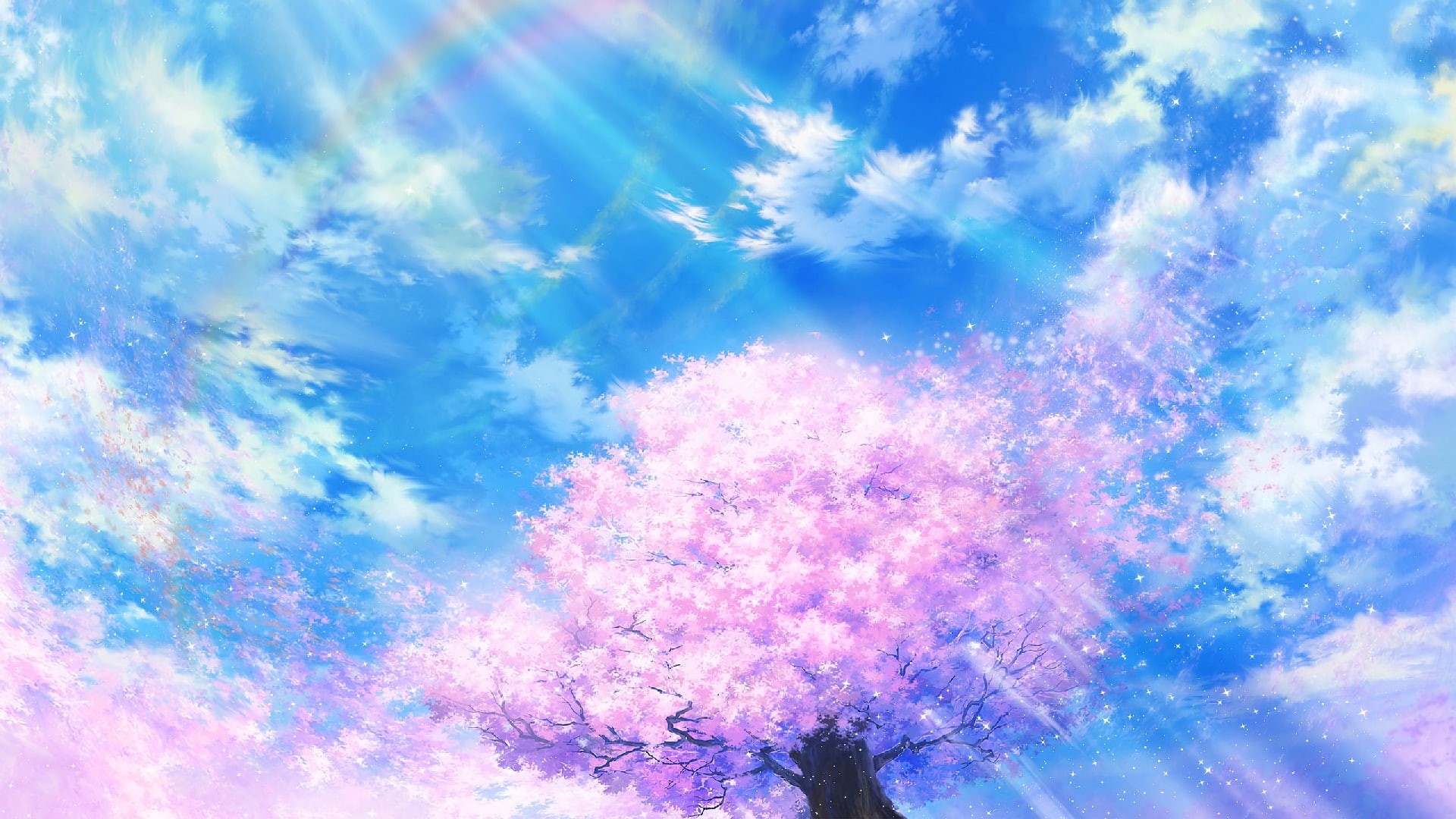 anime art, sunlight, blossom, spring, sakura, 1080P, sky, HD Wallpaper