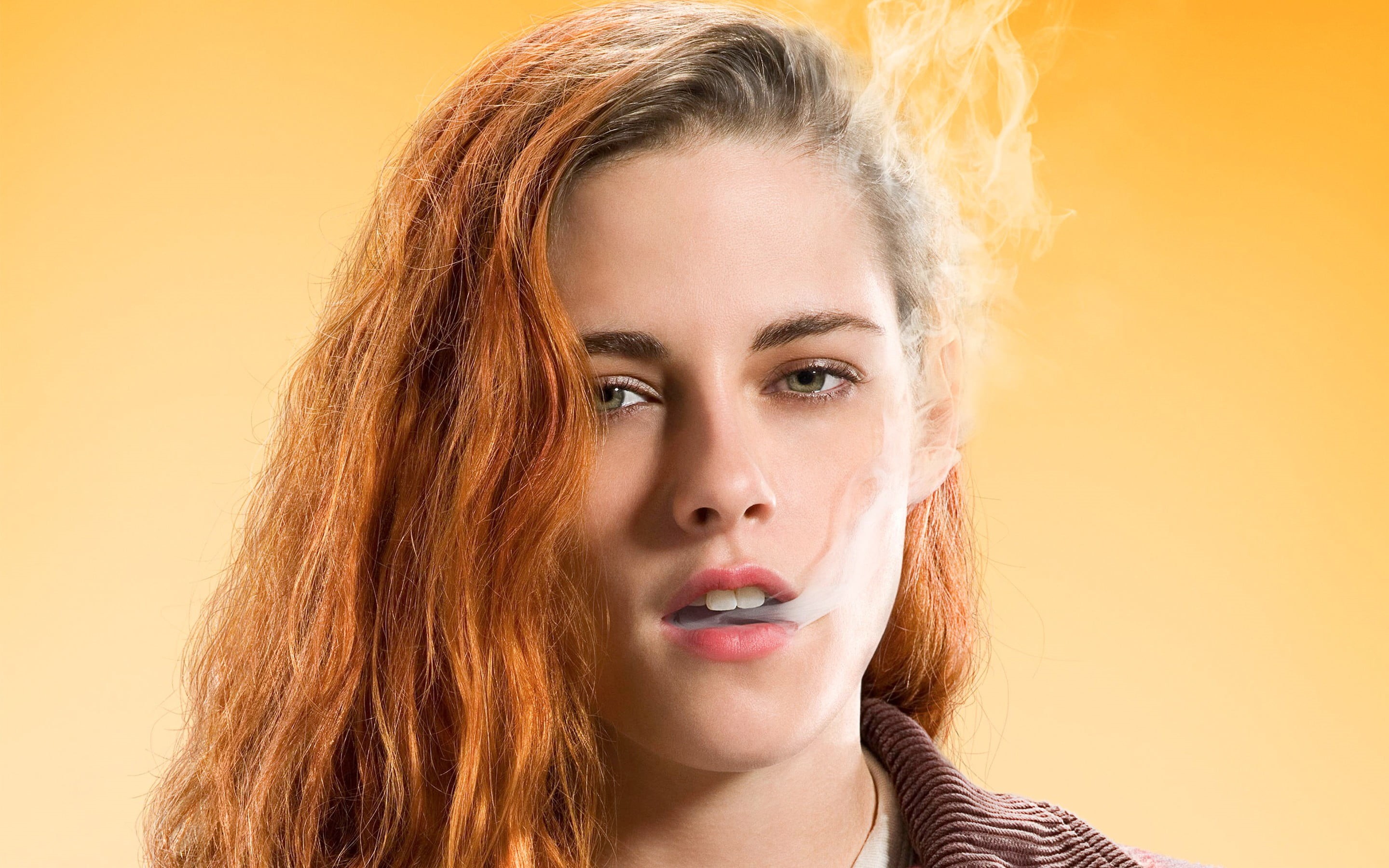 fashion, adult, yellow, smoking, human face, 2K, beauty, orange background, headshot, colored background, beautiful people, looking at camera, long hair, HD Wallpaper