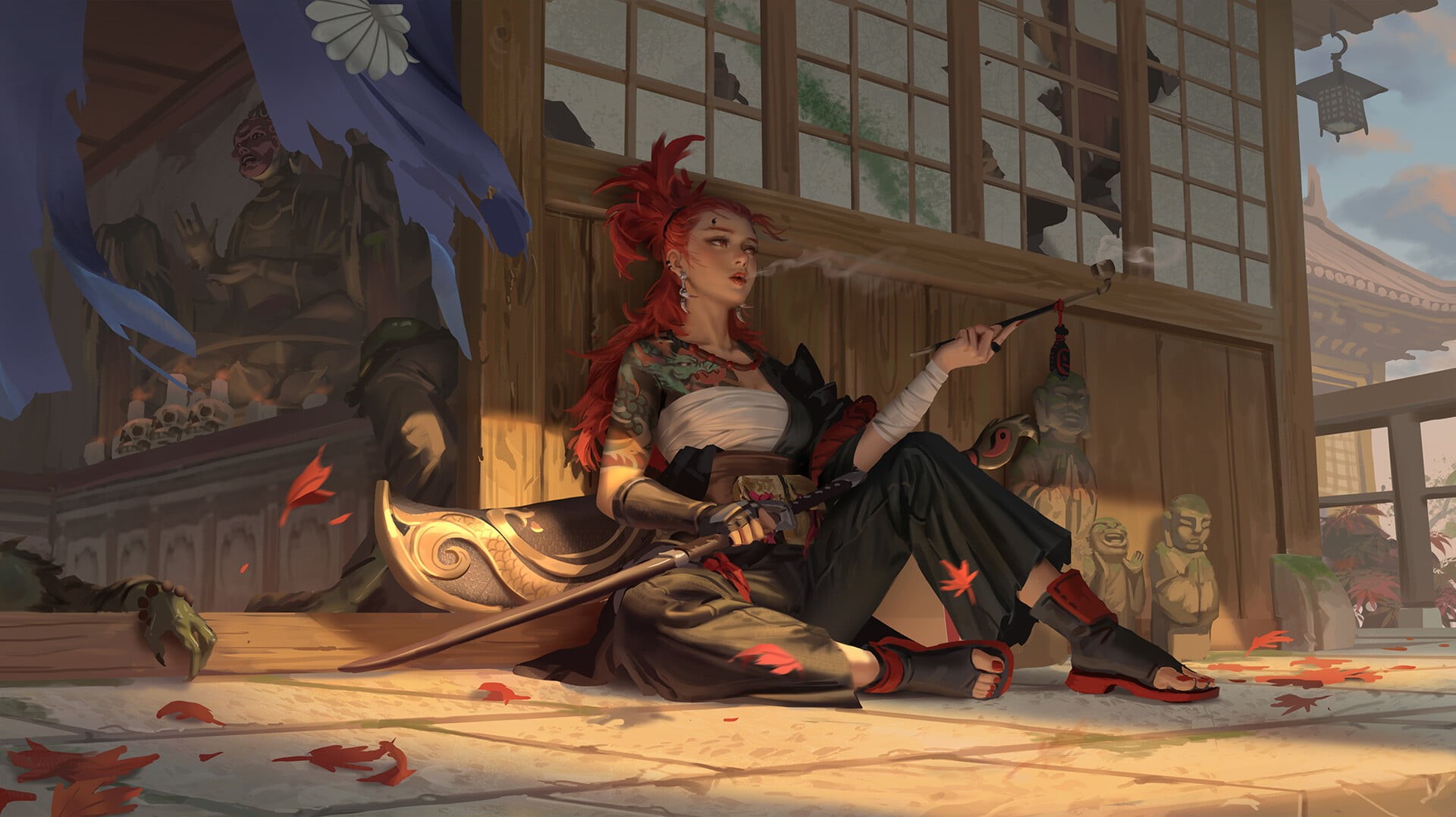Japanese, skull, wind, women, smoke, samurai, dragon, necklace, statue, katana, tattoo, sword, smoking pipe, bandage, 1080P, smoking, HD Wallpaper