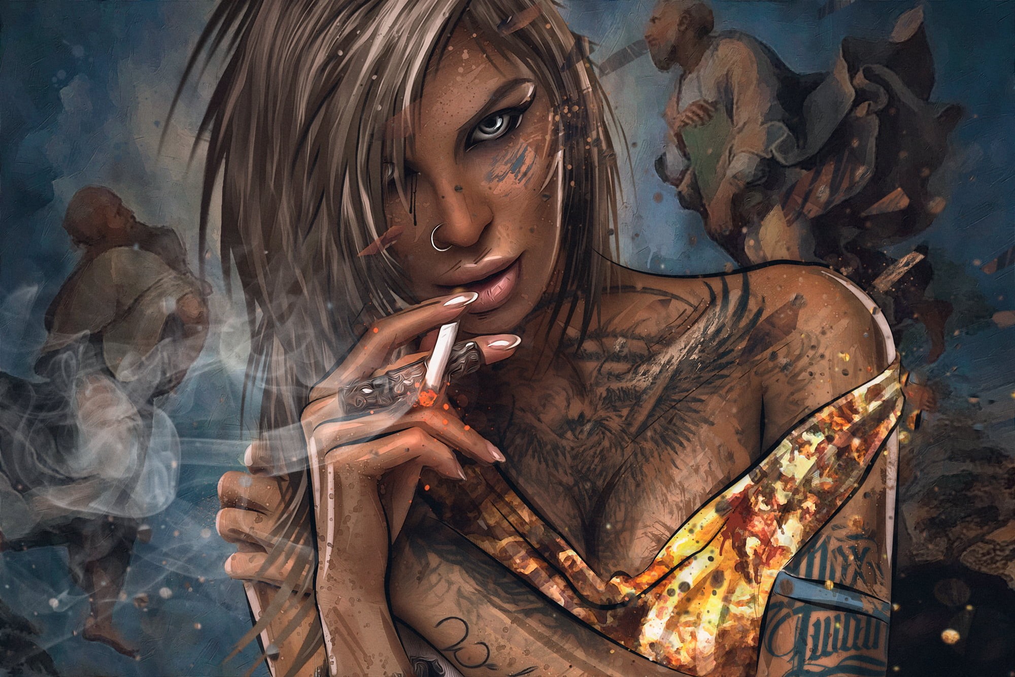 portrait, artwork, eyeliner, bare shoulders, tattoo, blonde, inked girls, gray eyes, Max Twain, looking at viewer, 1080P, women, nose rings, digital art, HD Wallpaper
