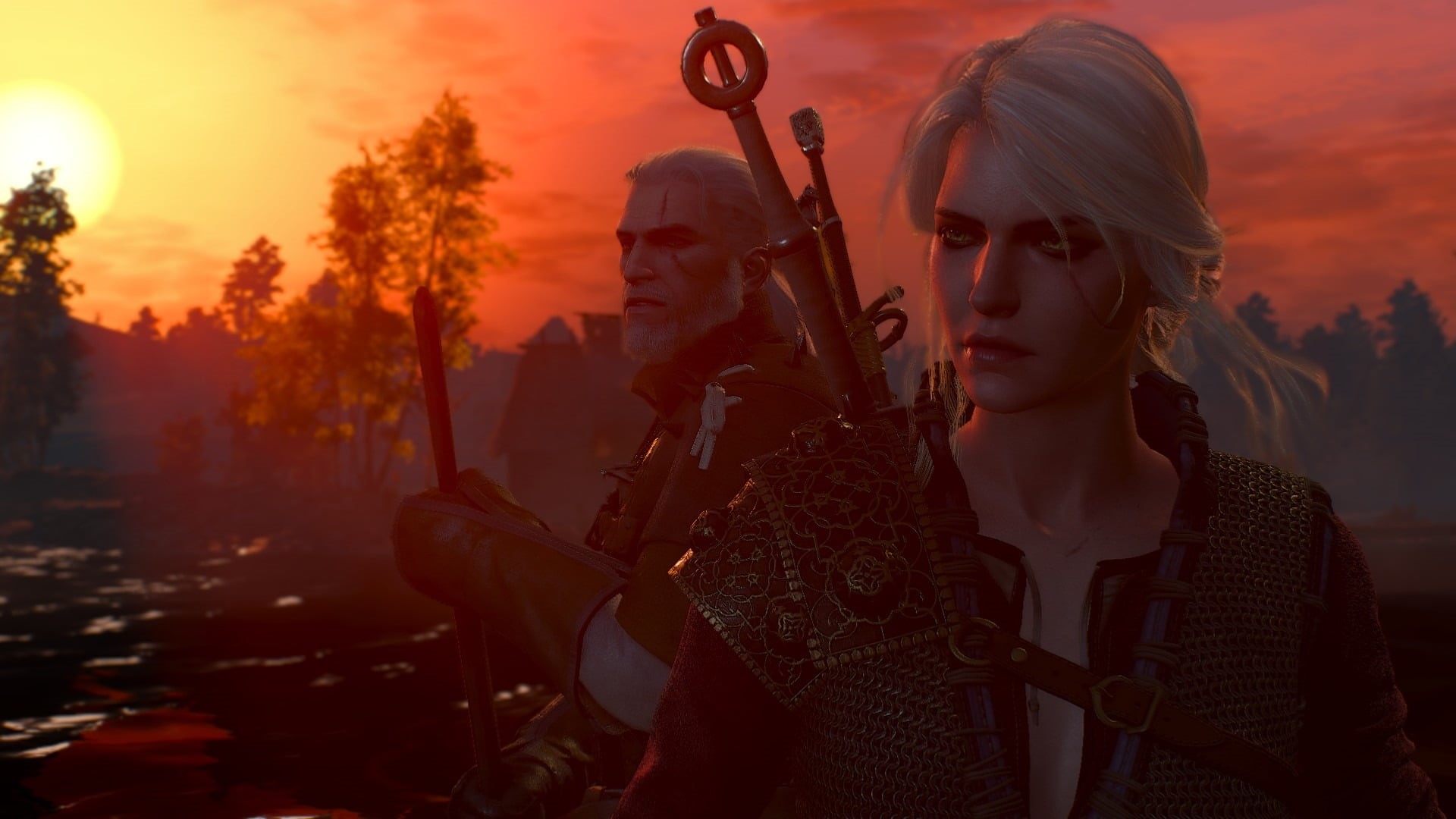 Geralt of Rivia, focus on foreground, real people, people, hairstyle, game, sunset, gun, headshot, hunt, young adult, weapon, nature, The Witcher 3: Wild Hunt, HD Wallpaper