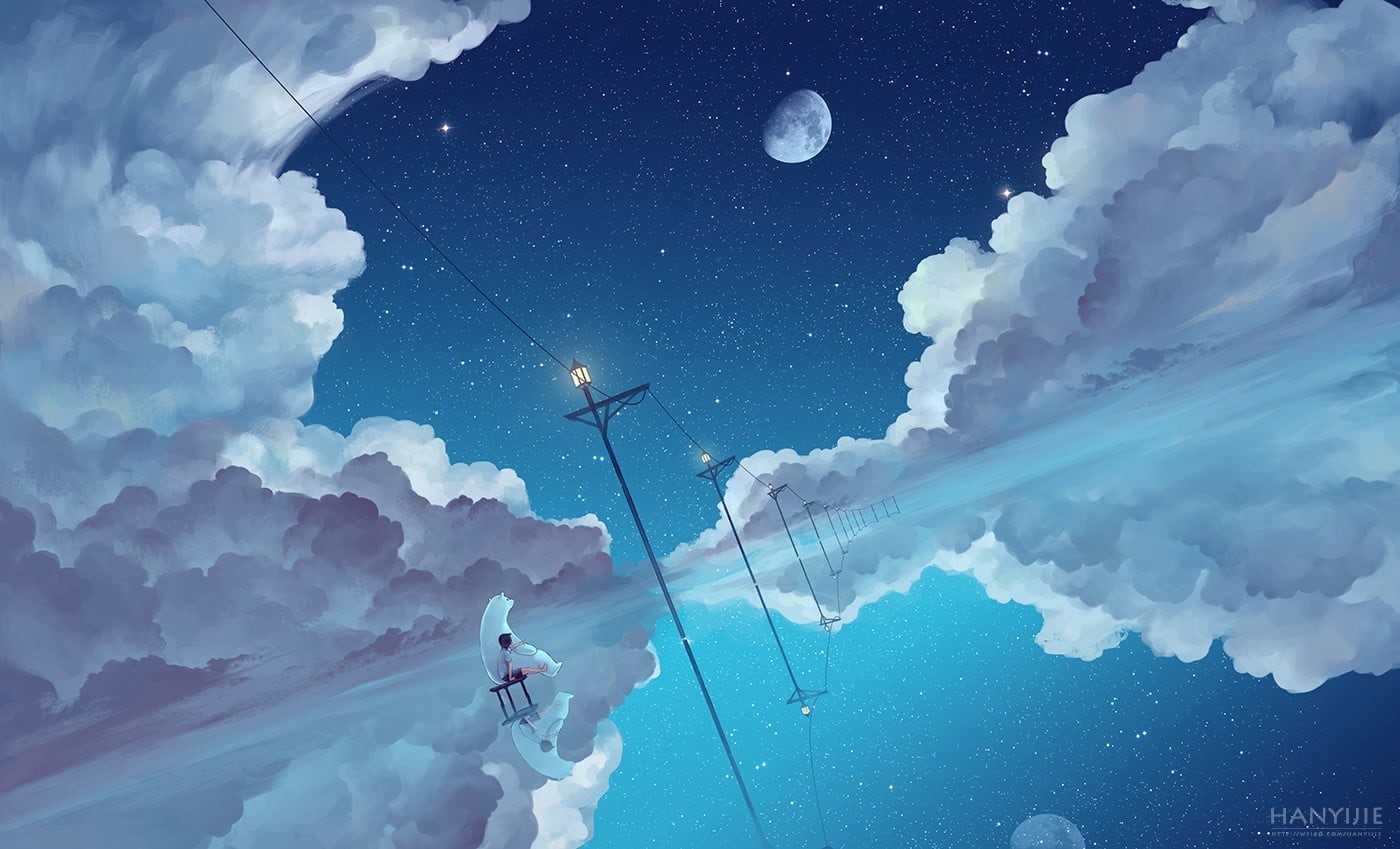 one person, Moon, nature, anime, blue, outdoors, mode of transportation, star - space, exploration, transportation, cloud - sky, water, day, tranquility, HD Wallpaper