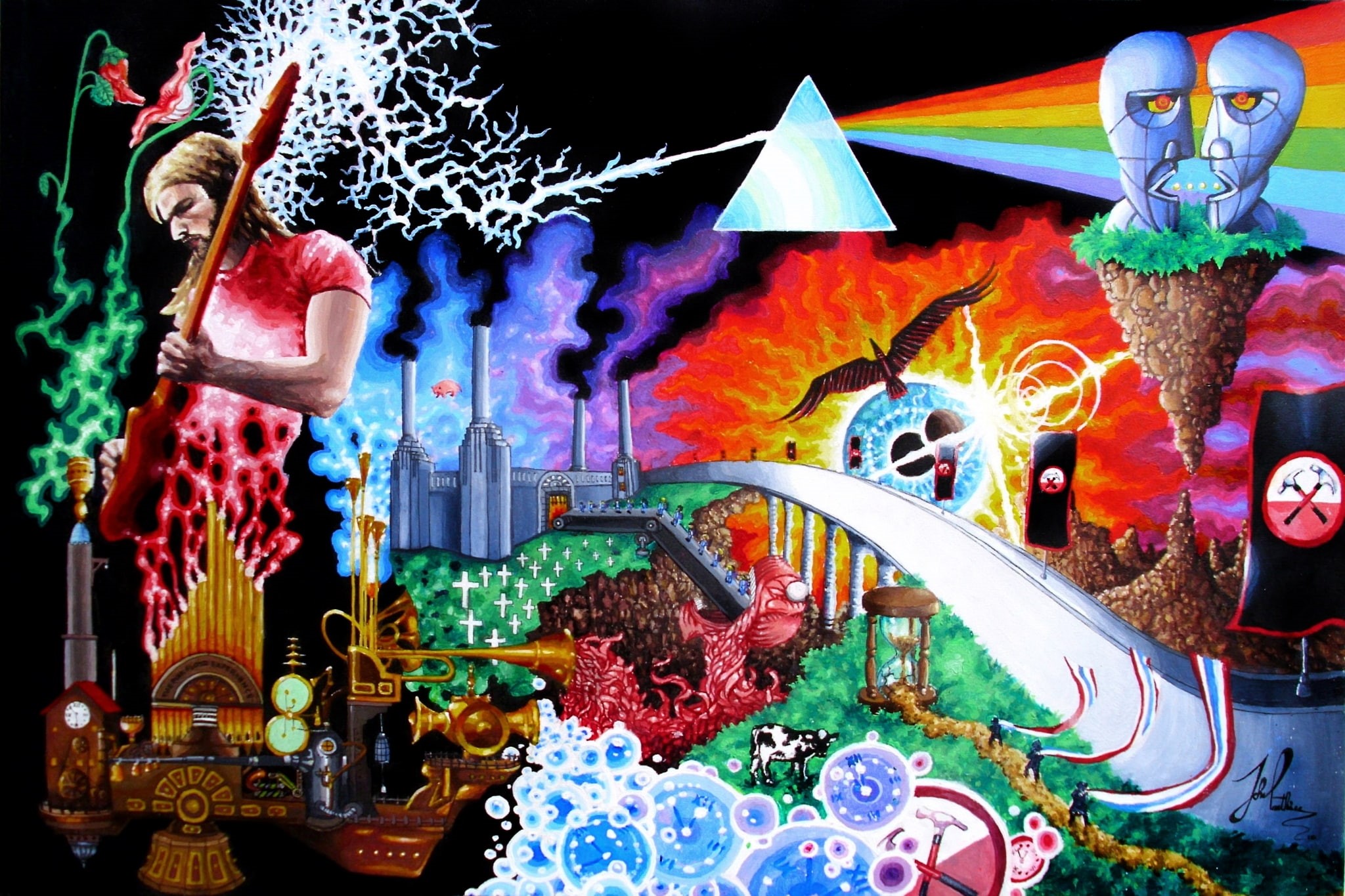 built structure, art and craft, craft, male likeness, creativity, variation, 1080P, sculpture, statue, night, pink floyd desktop backgrounds, human representation, HD Wallpaper