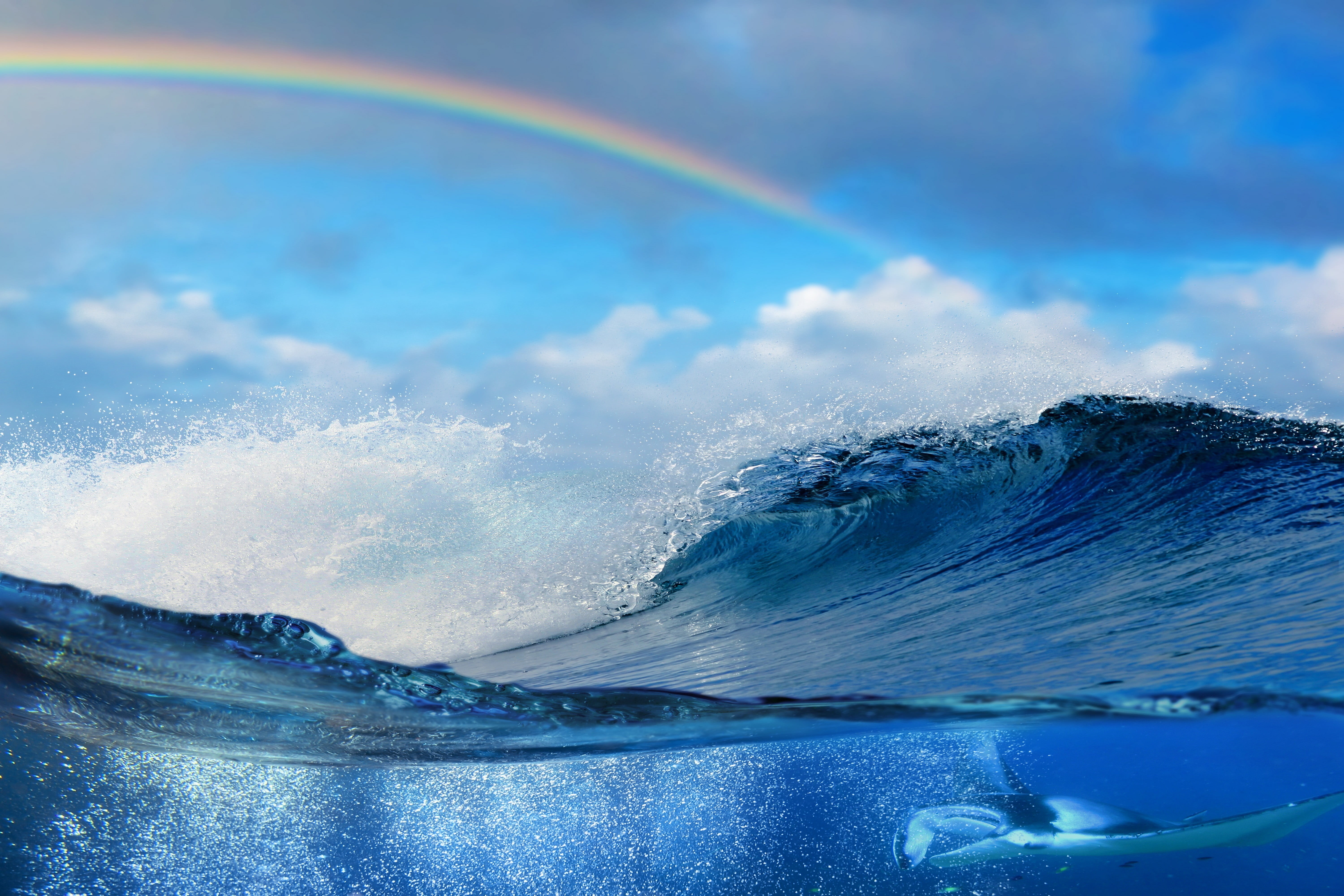 breaking, rainbow, water, idyllic, no people, sky, sea, beauty in nature, cold temperature, split view, nature, outdoors, rainbows, power in nature, underwater, HD Wallpaper