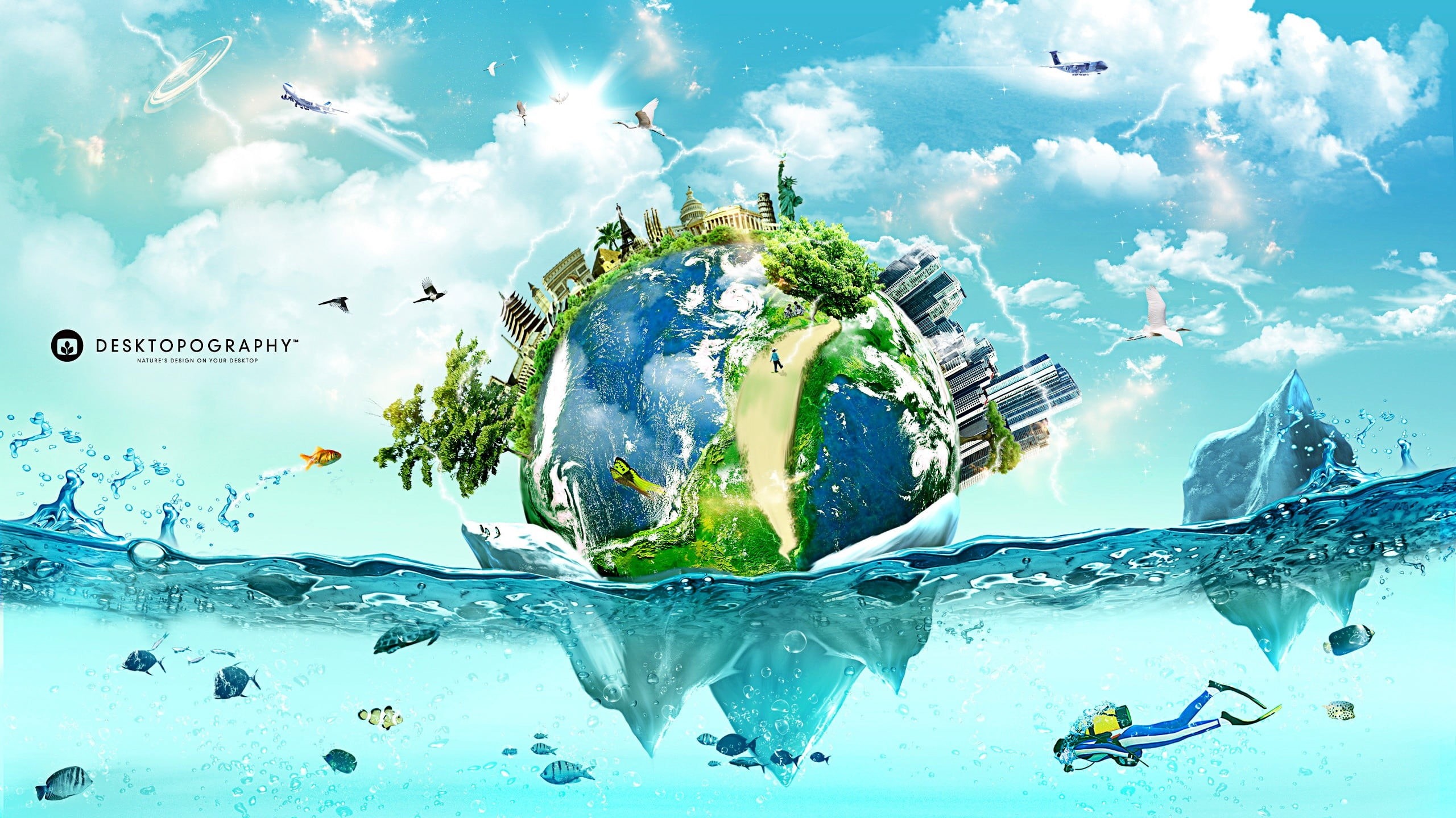 fish, gray, nature, cloud - sky, white, business, studio shot, world, floating on water, divers, composite image, outdoors, sky, water, digital art, 2K, HD Wallpaper