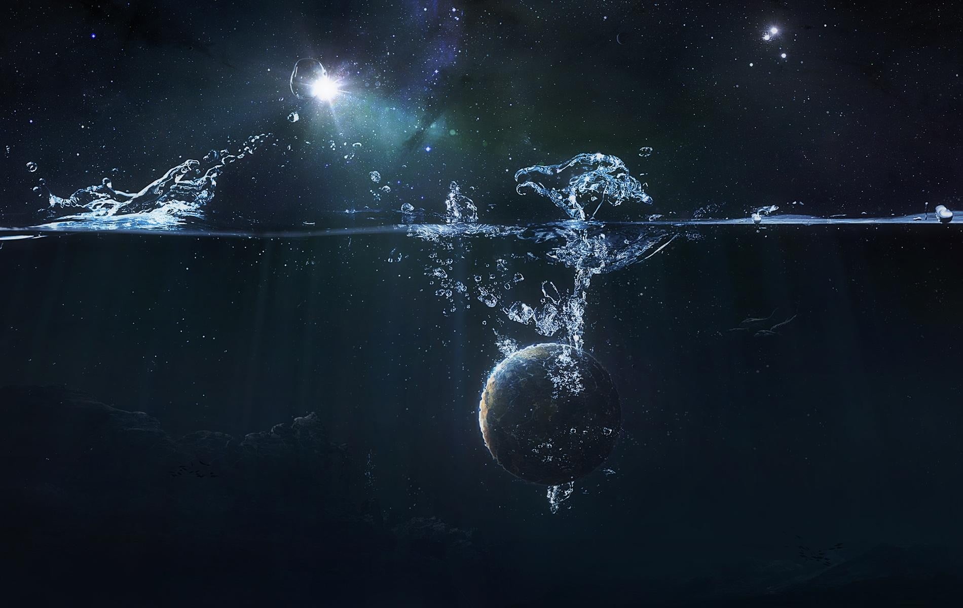 sky, space art, bubble, space, moon, water, fantasy art, body, no people, indoors, planetary moon, science, 720P, creativity, nature, galaxy, night, star - space, HD Wallpaper