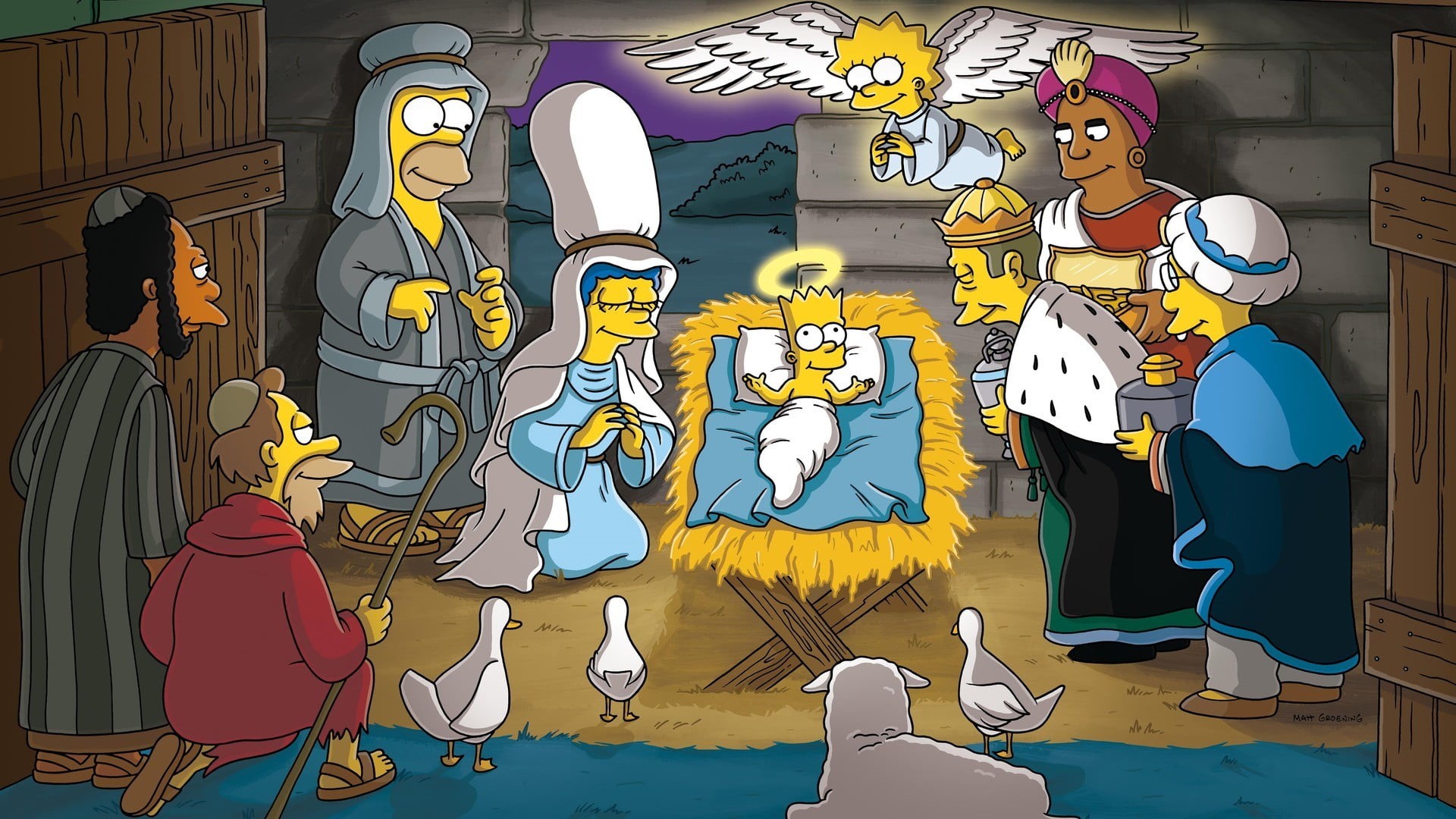 multi colored, scene, craft, 1080P, no people, architecture, Homer Simpson, day, Bart Simpson, simpsons, female likeness, indoors, Marge Simpson, mural, HD Wallpaper