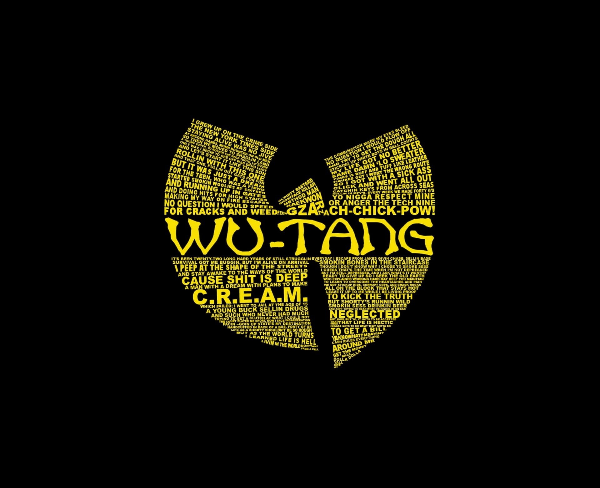 text, copy space, close-up, sign, studio shot, western script, capital letter, Wu-Tang Clan, dark, black background, 1080P, positive emotion, yellow, message, HD Wallpaper