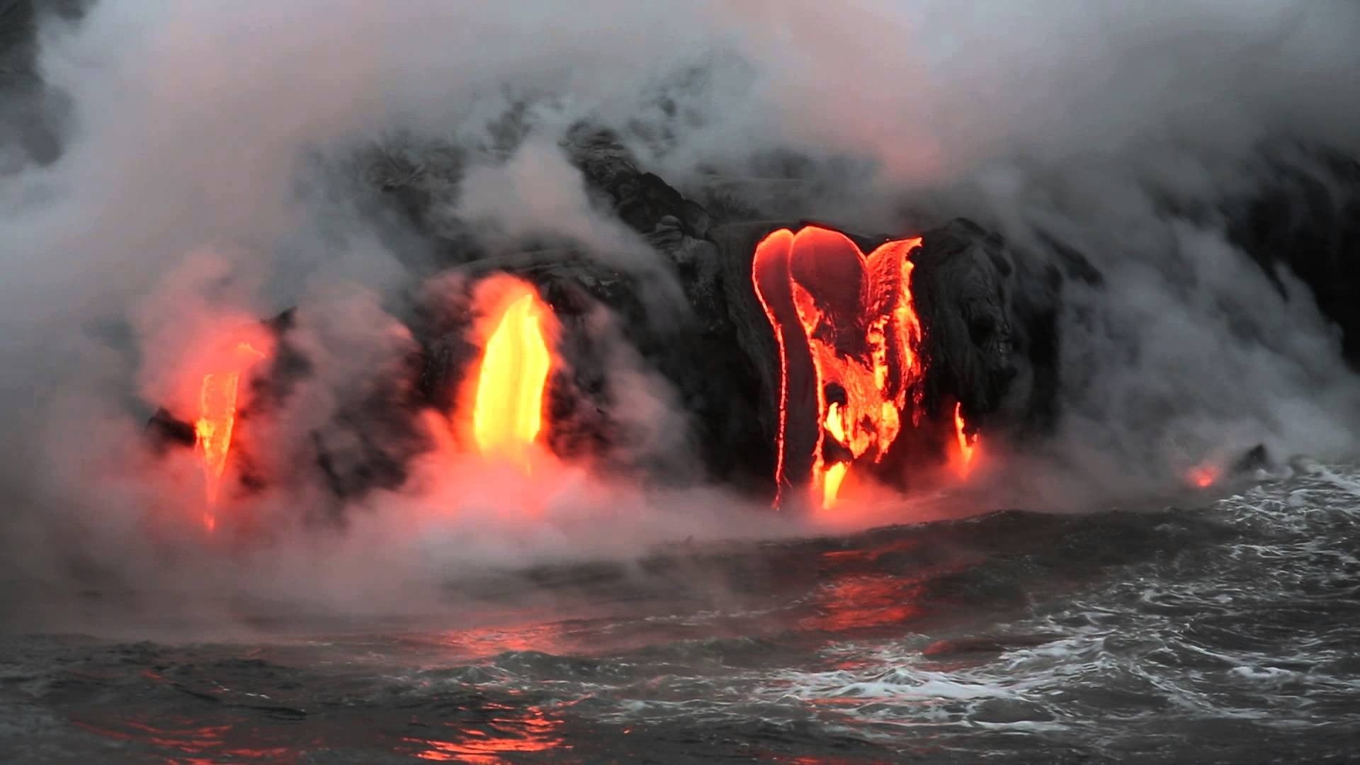 steam, environment, beauty in nature, 1080P, fire - natural phenomenon, nature, lava, no people, Hawaii, heat - temperature, mountain, volcano, sign, smoke - physical structure, HD Wallpaper