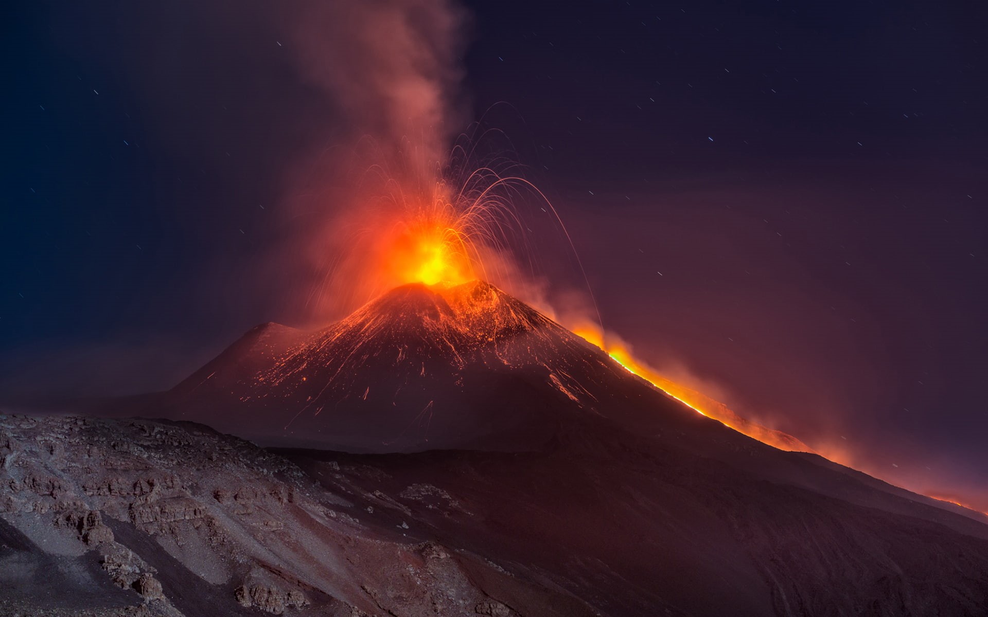 eruption, stars, nature, hd, mountain, 1080P, volcano, night, lava, HD Wallpaper