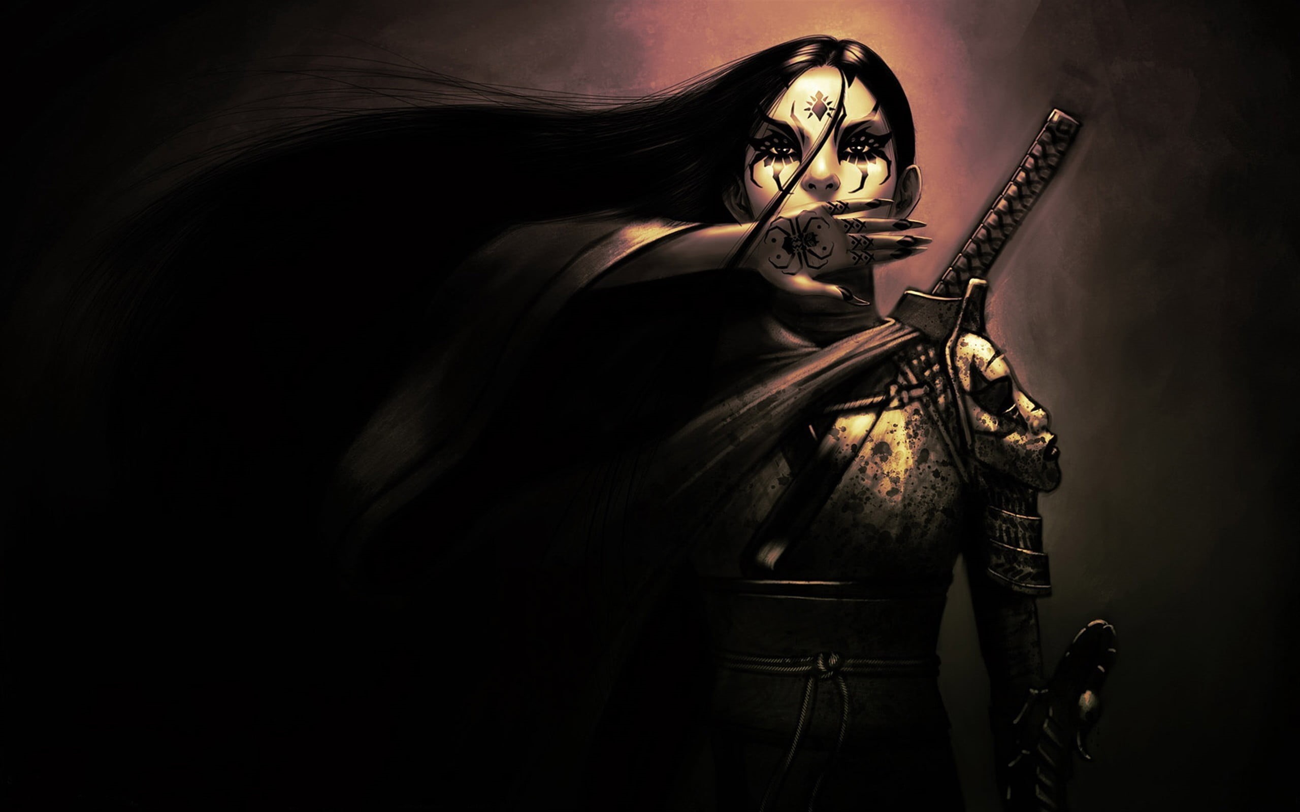 portrait, katana, fantasy girl, looking at camera, fantasy art, fear, young adult, body paint, art and craft, adult, gothic style, spooky, witch, HD Wallpaper