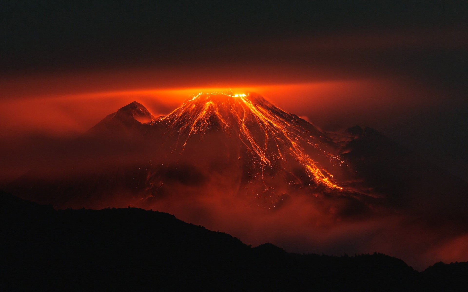 volcanic eruption, orange, 1080P, lava, Ecuador, landscape, night, silhouette, nature, volcano, red, mountains, HD Wallpaper