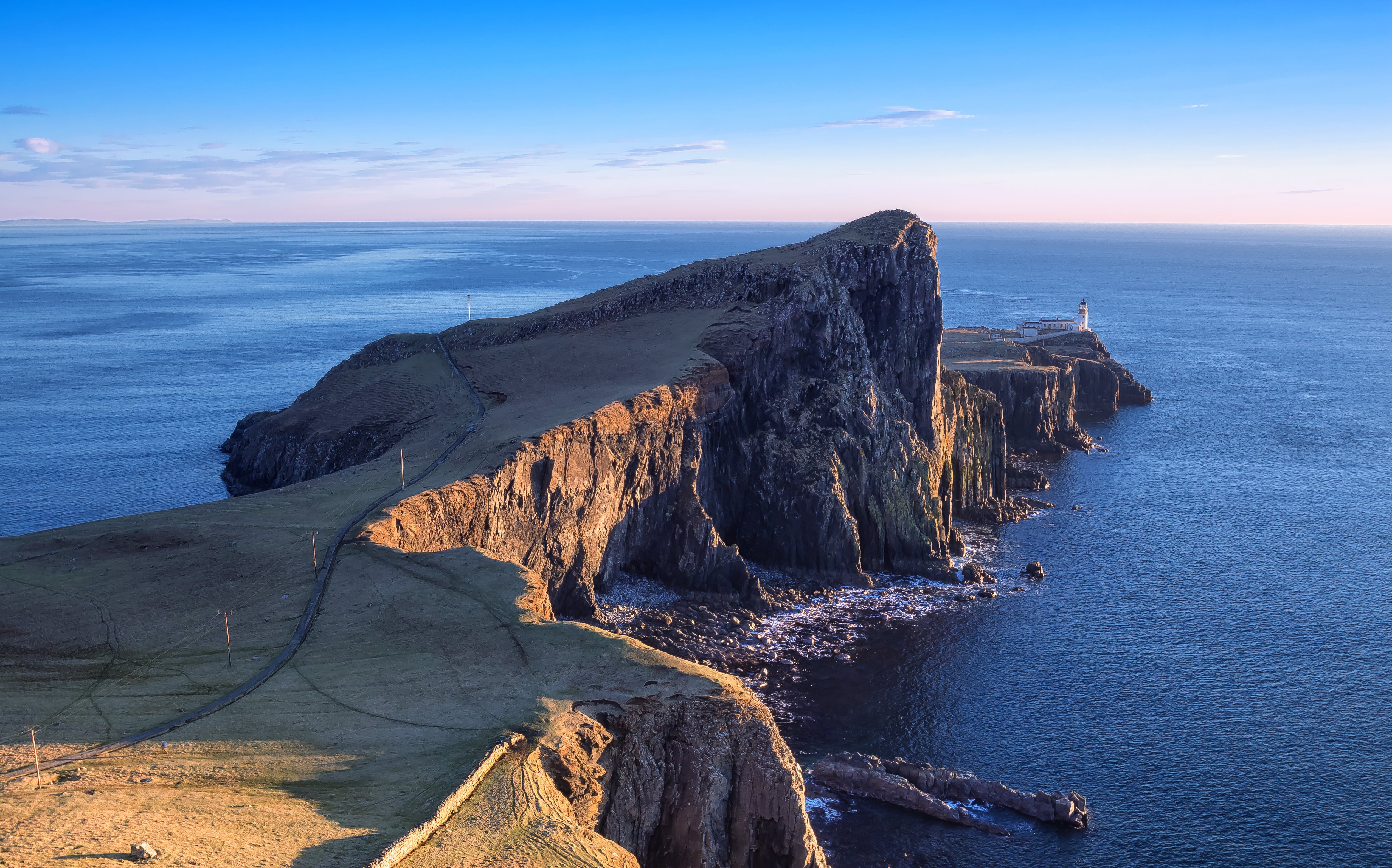 mountain, Scotland, nature, near, sea, body of water, water, cliff, atlantic Ocean, Landscape, coastline, rock - Object, 4K, Neist Point Lighthouse, scenics, HD Wallpaper
