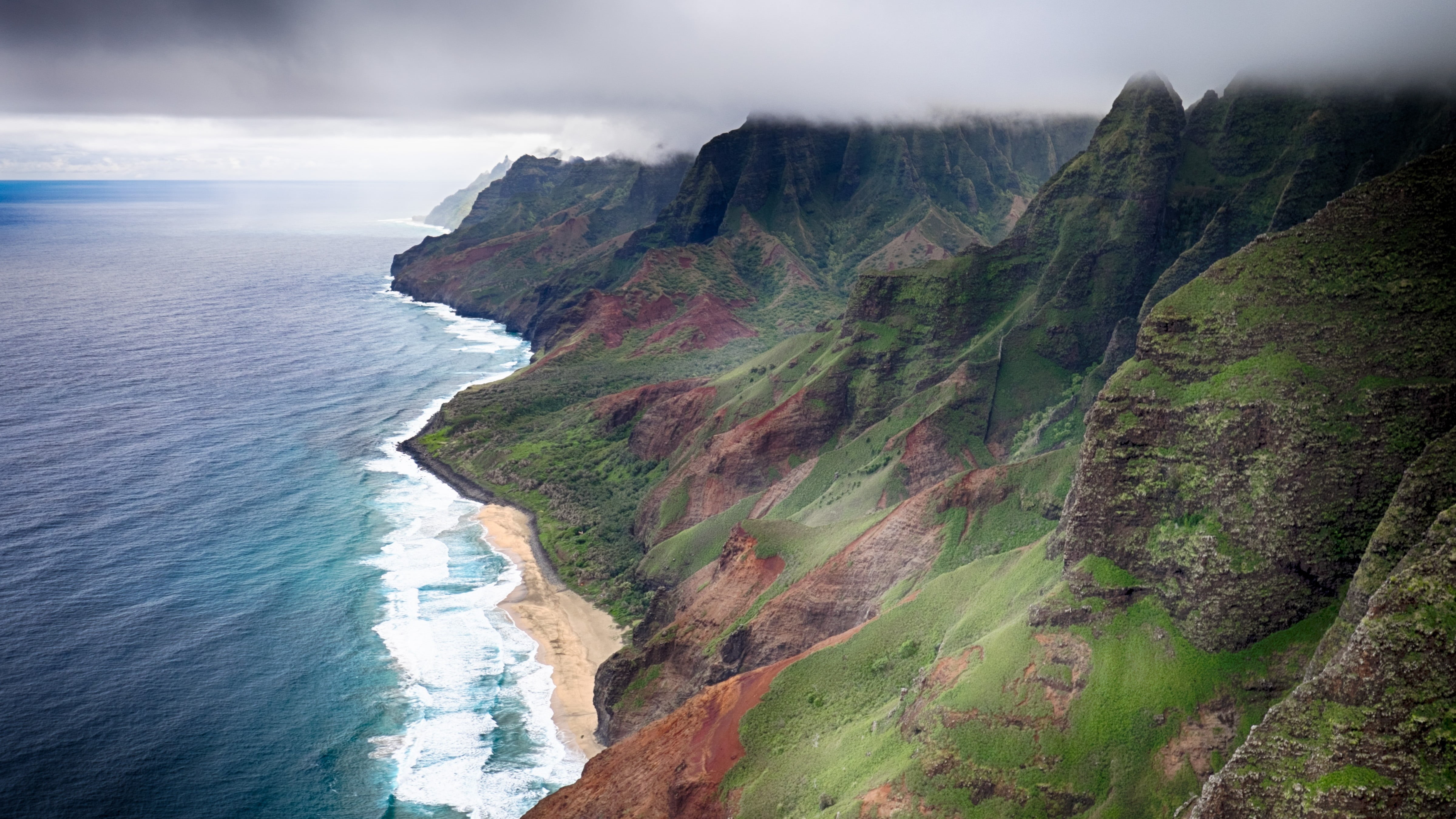 sea, cliff, Waimea  Hawaii, rock - Object, landscape, coastline, hill, view, scenics, United States, mountain, seashore, 4K, aerial view, nature, Na Pali Coast, HD Wallpaper
