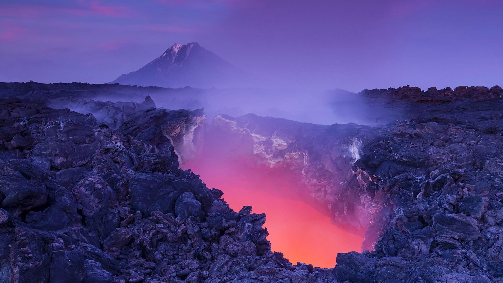 non-urban scene, no people, sunrise - dawn, hell, contrails, lava, purple, sun, Russia, twilight, mountain, beauty in nature, fog, pit, clouds, landscape, HD Wallpaper