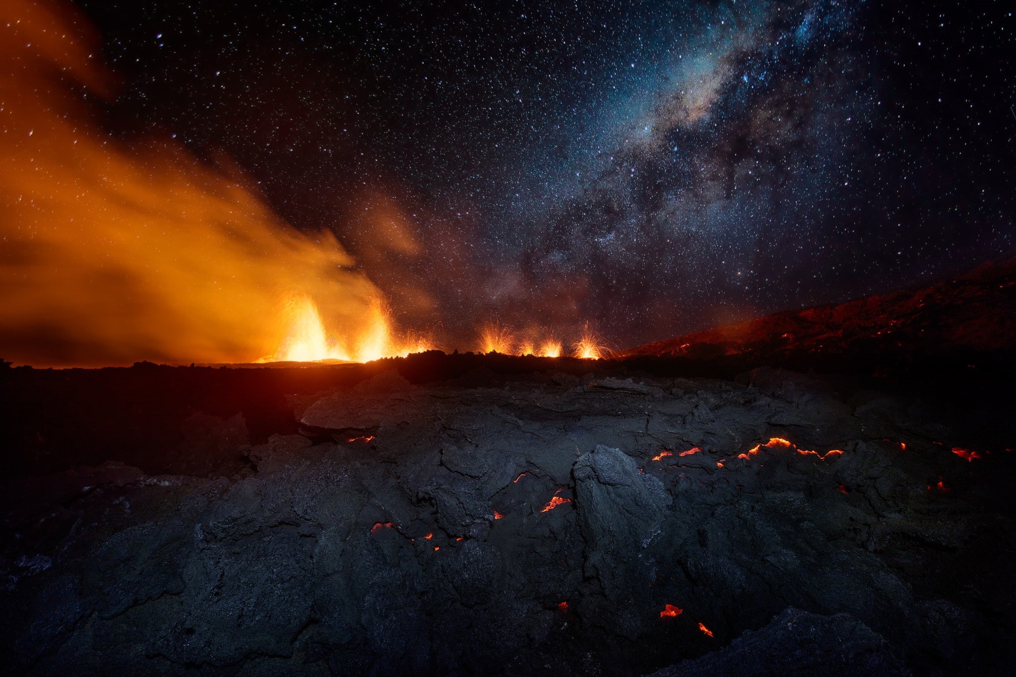 1080P, lava, rocks, night, eruption, sky, island, volcano, fire, smoke, landscape, HD Wallpaper