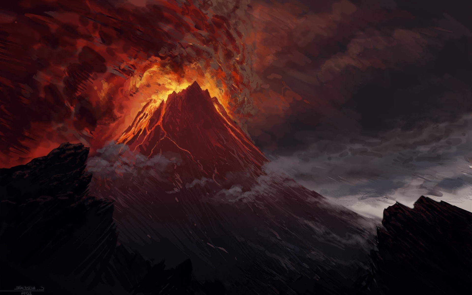 night, mountain, tranquil scene, geology, beauty in nature, The Lord Of The Rings, outdoors, formation, artwork, 1080P, Lava, sunset, volcano, erupting, HD Wallpaper