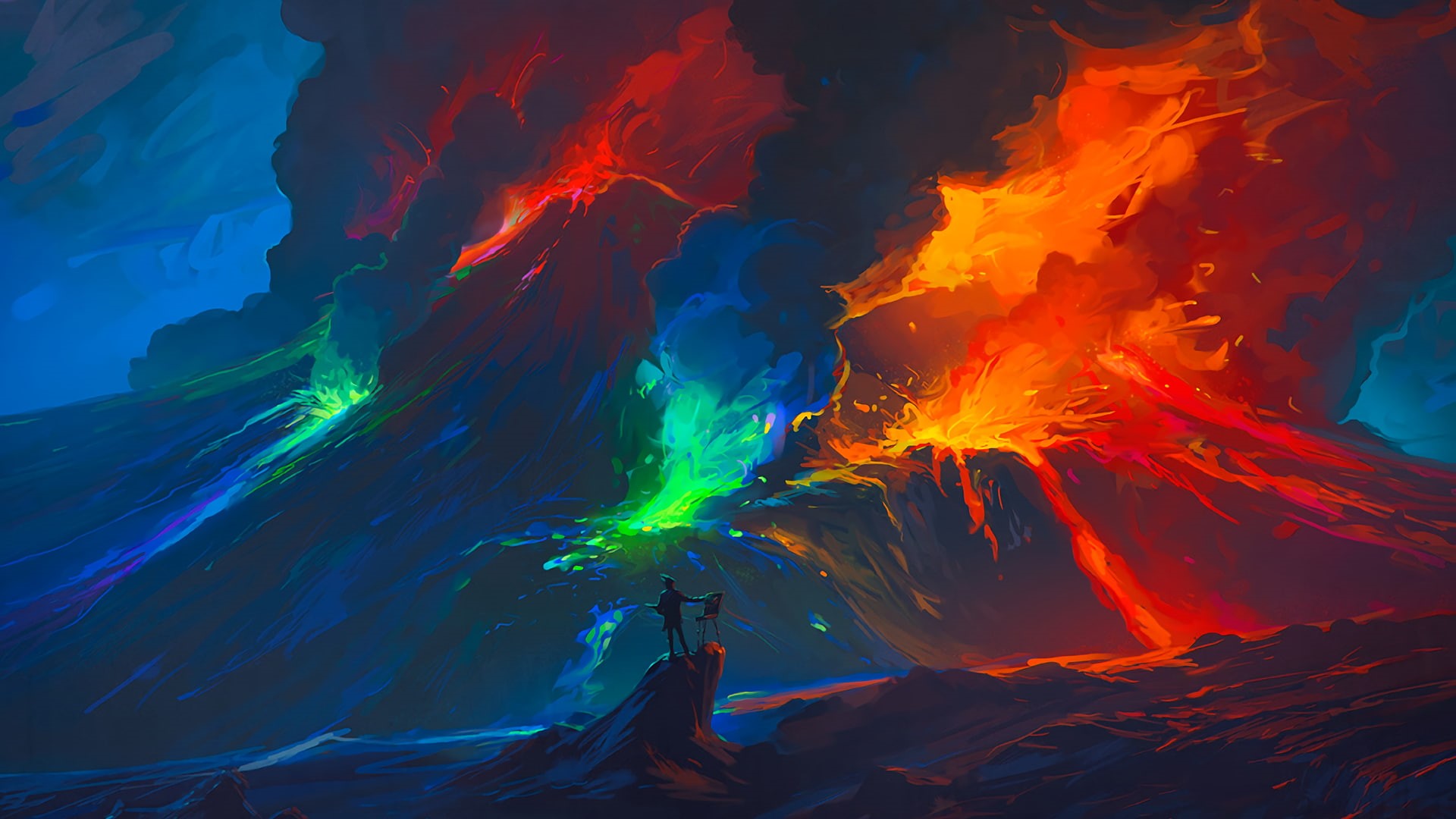 colourfull, painting, volcano, digital art, 1080P, RHADS, smoke, lava, HD Wallpaper