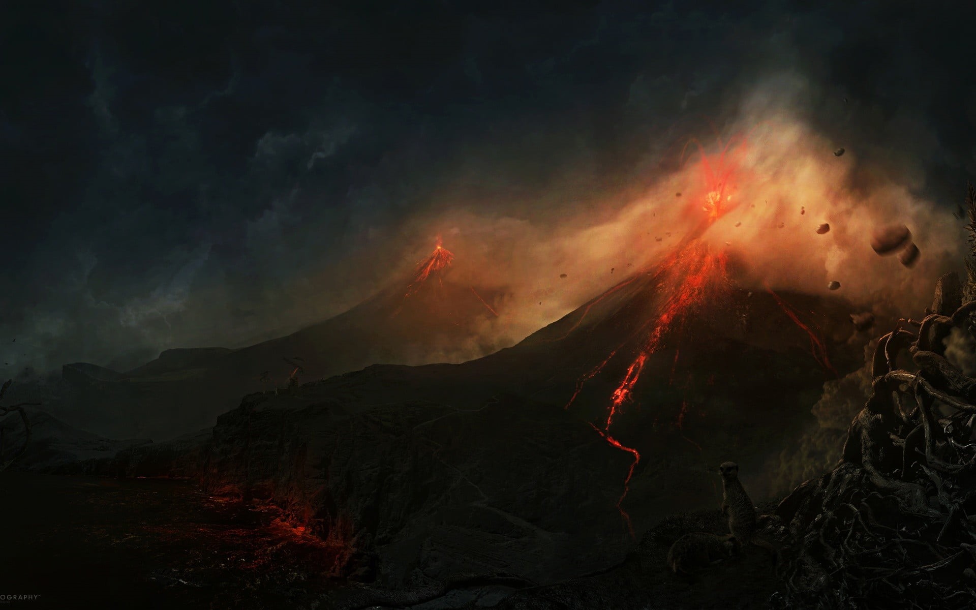 1080P, no people, power in nature, land, power, erupting, illustration, beauty in nature, digital art, mountain, scenics - nature, artwork, smoke - physical structure, HD Wallpaper