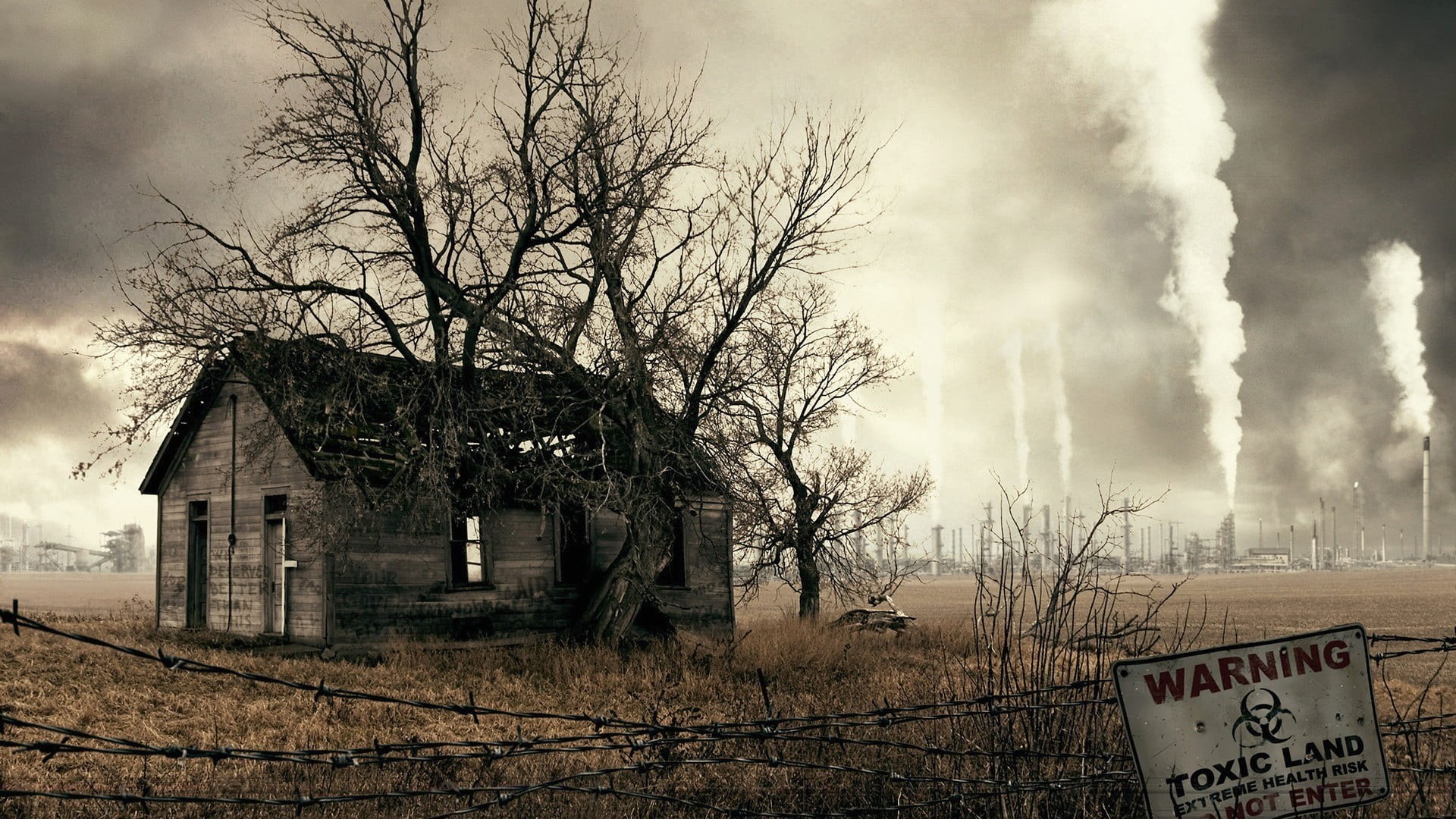 sign, bare tree, communication, brown, built structure, architecture, apocalyptic, building, house, no people, tree, abandoned, 1080P, outdoors, destruction, HD Wallpaper