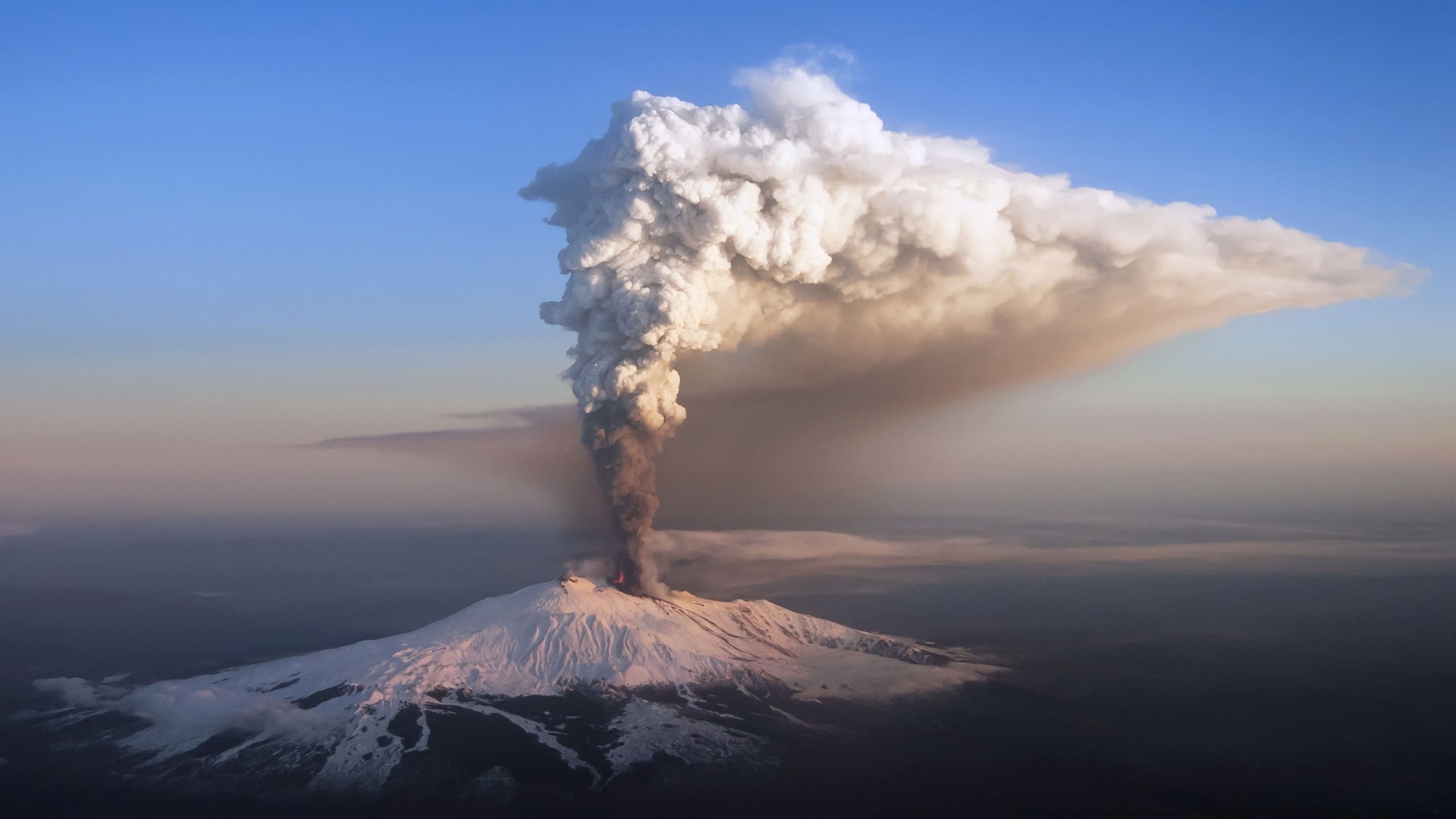 landscape, clouds, Snowy Peak, snow, volcano, fire, Sicily, sky, eruption, Lava, mountain, forest, nature, 1080P, Italy, smoke, Etna, Clear Sky, winter, HD Wallpaper
