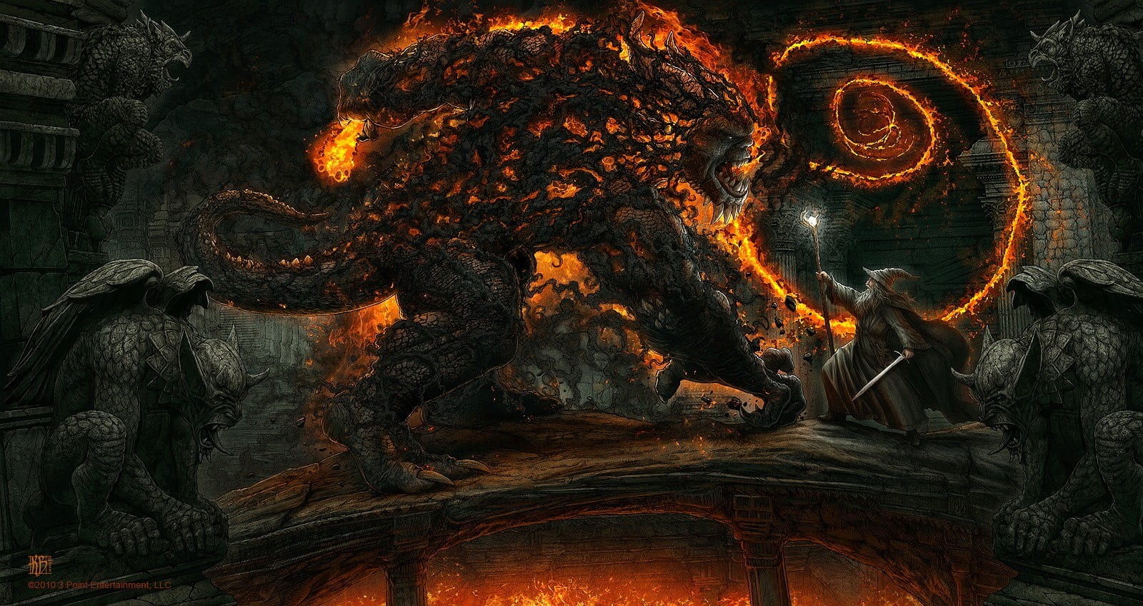 built structure, burning, architecture, illuminated, fantasy art, Gandalf, demon, pattern, night, glowing, statue, male likeness, sculpture, old, creativity, HD Wallpaper