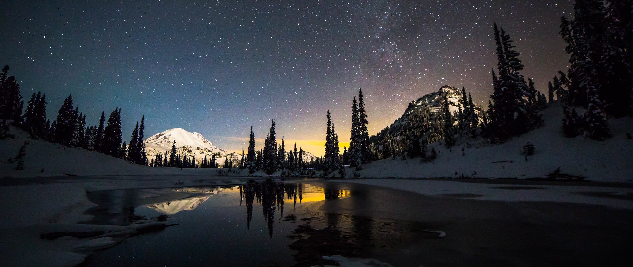 tree, beauty in nature, water, ultra-wide, snowcapped mountain, reflection lake, nature, idyllic, snow, tranquil scene, snowfield, plant, night, tranquility, HD Wallpaper